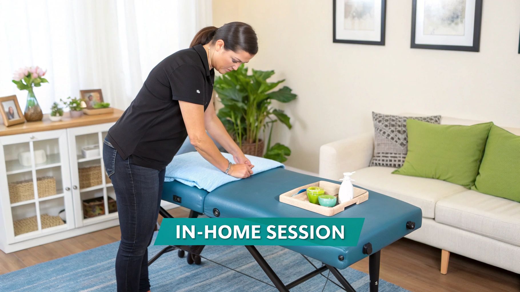 A female therapist in a black shirt sets up a teal massage table for an in-home session.