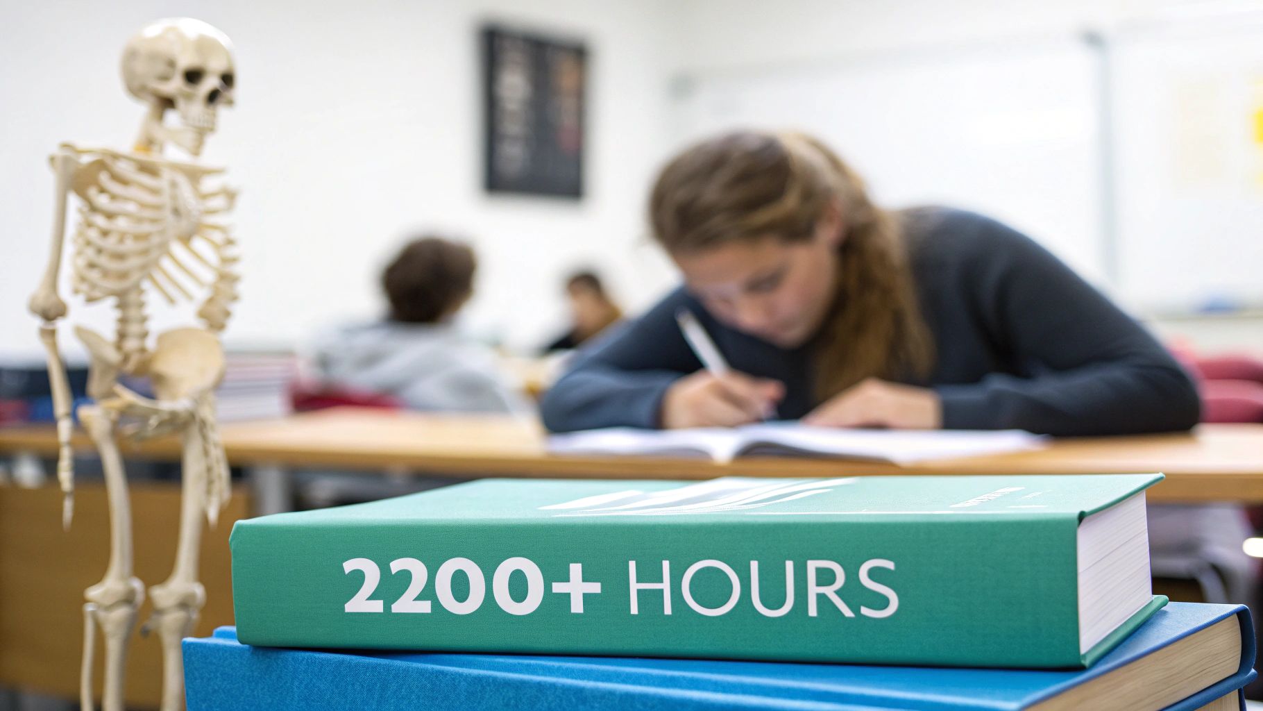 A professional massage therapist in a therapeutic setting, reviewing a client's chart.