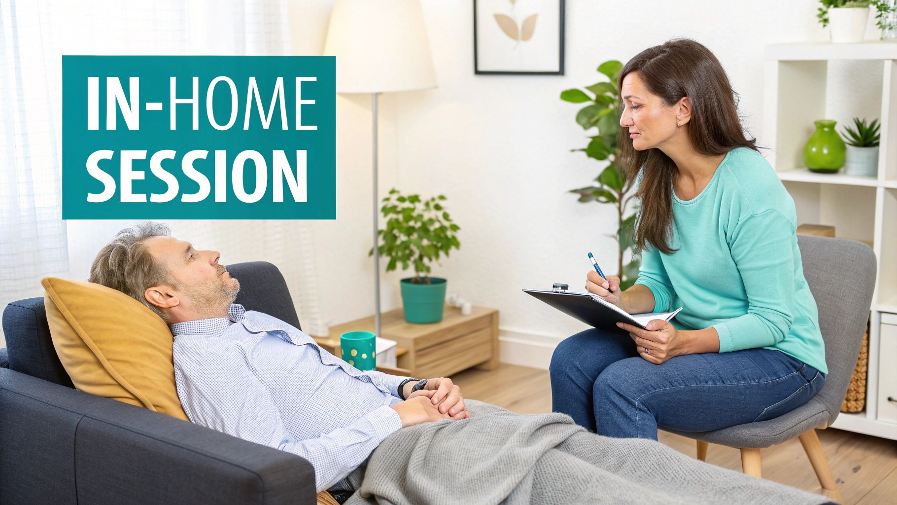 A man lies on a sofa talking to a woman taking notes during an in-home therapy session.