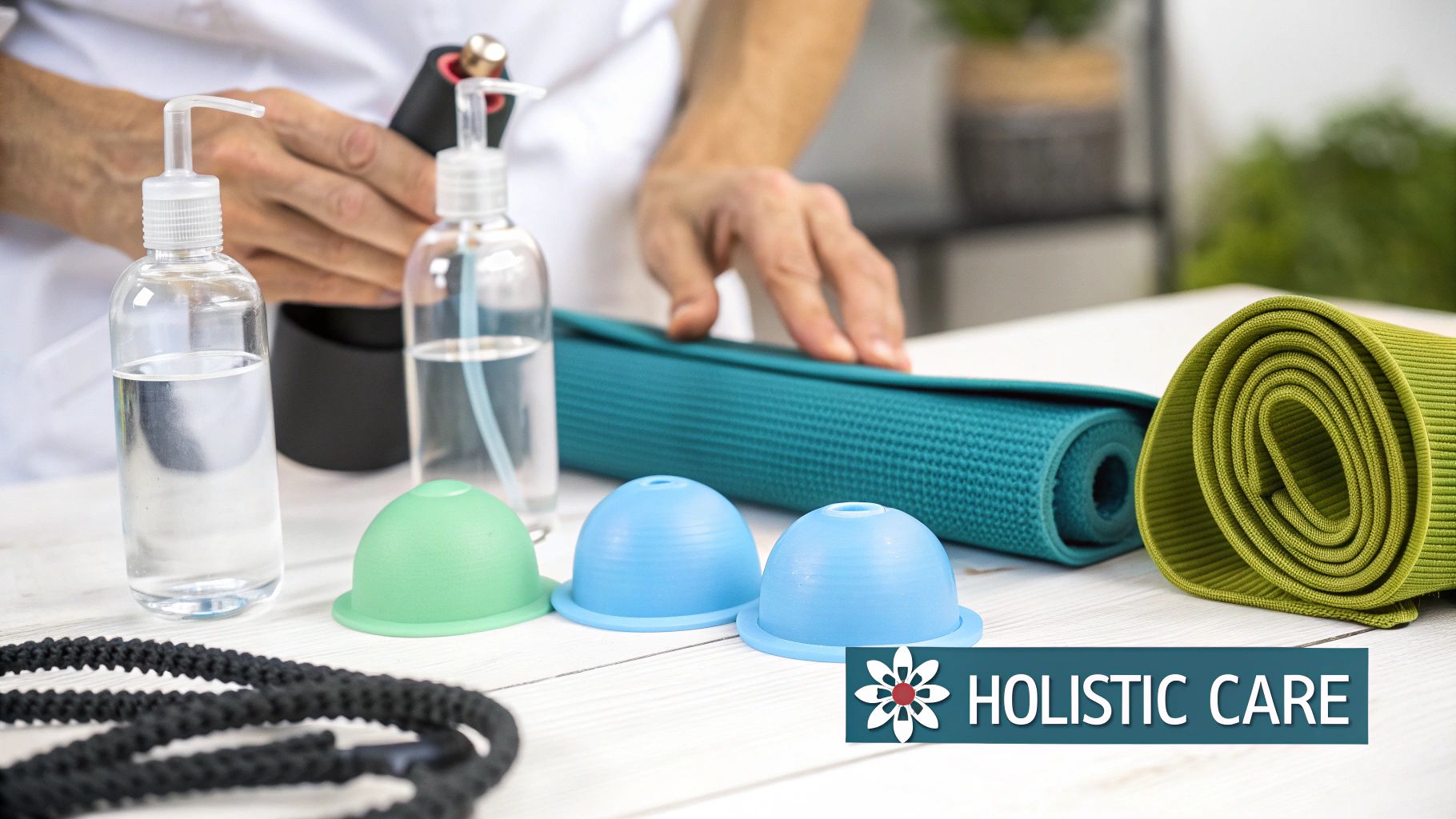 Hands arranging wellness tools: cupping cups, massage oils, and yoga mats for holistic care.