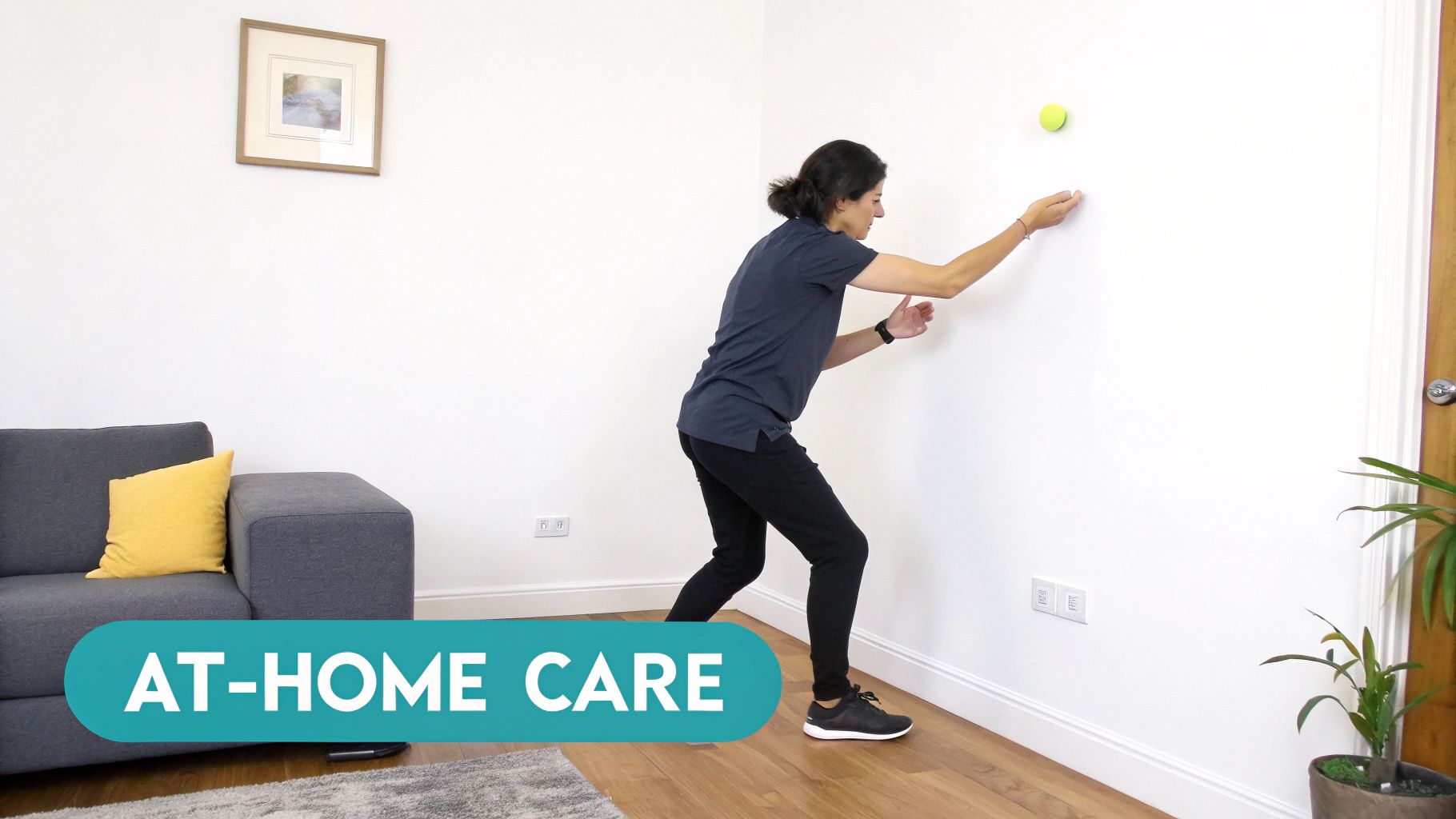 A person using a massage ball for self-myofascial release on their back against a wall.