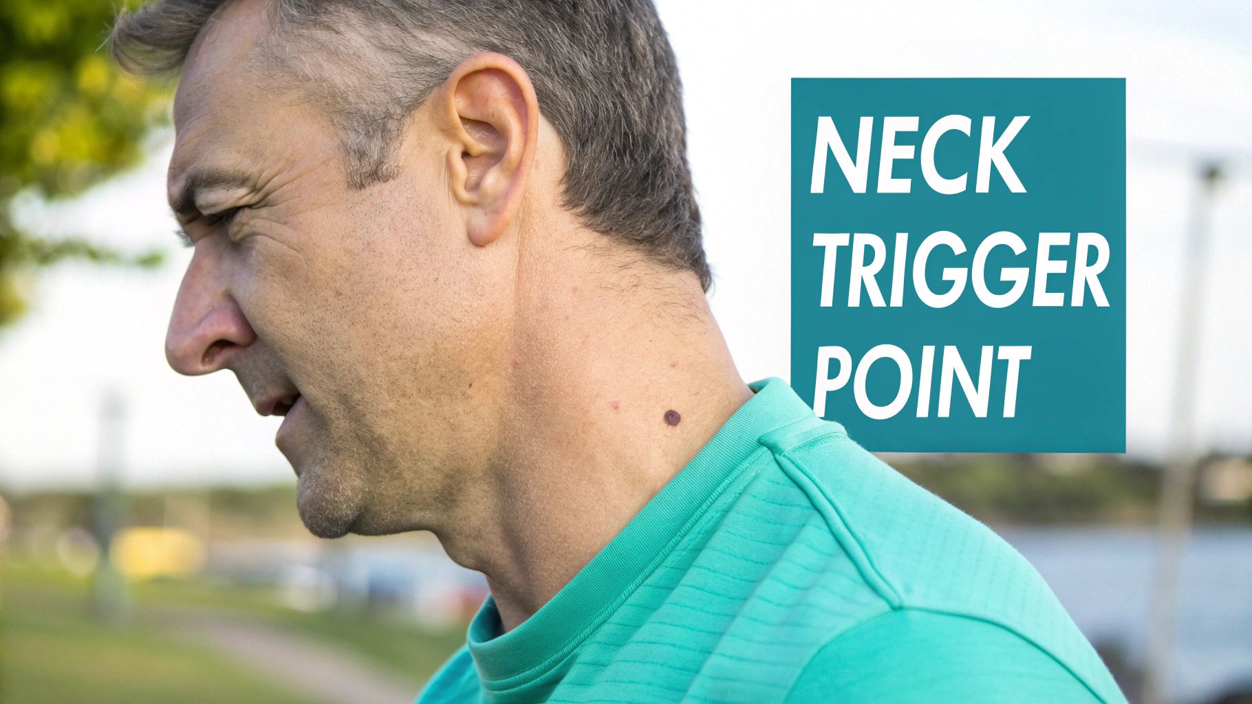 A professional massage therapist in a polo shirt gently works on a fully draped client's shoulder area in a clean, therapeutic setting. The focus is on wellness and relief.