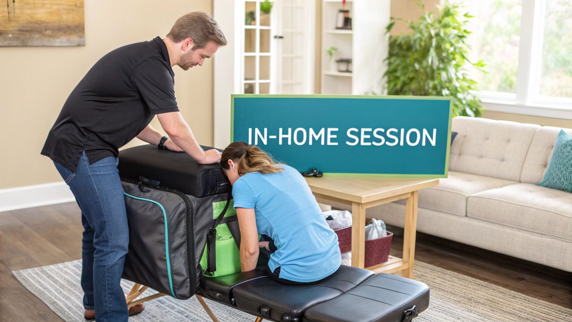 A therapist sets up a portable massage table for a woman in an in-home session.