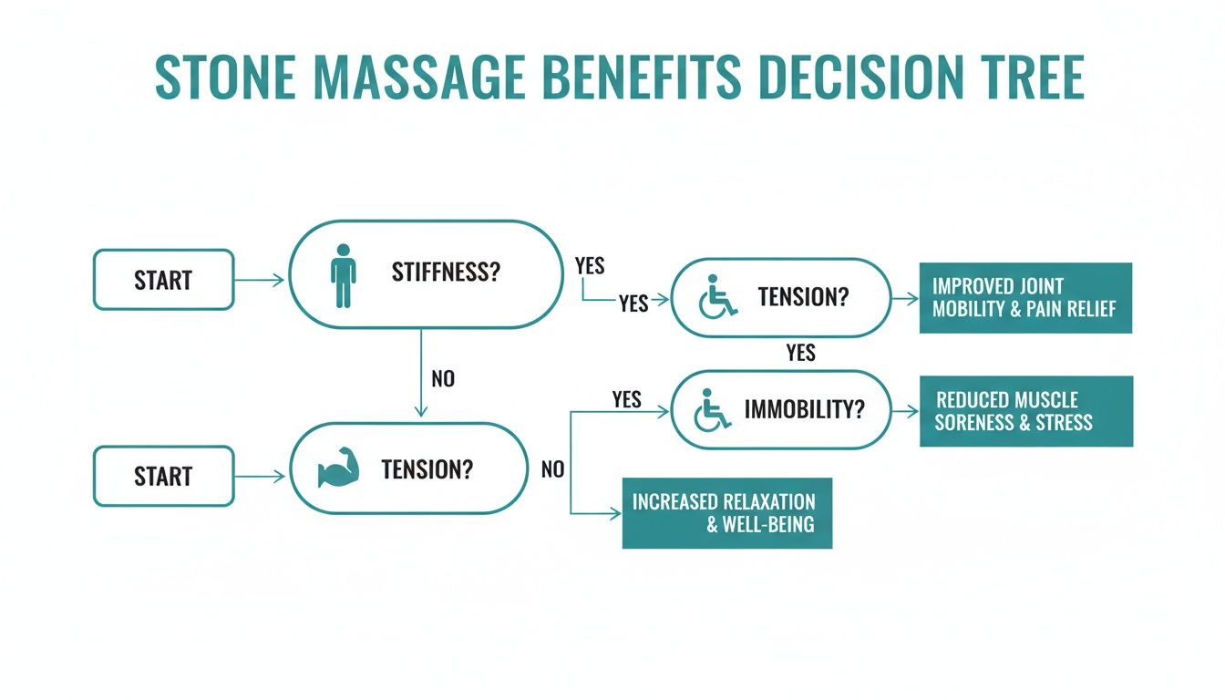 A decision tree flow chart illustrating stone massage benefits for stiffness, tension, and immobility.