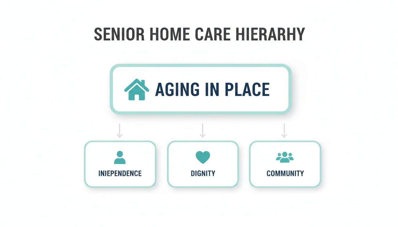 A diagram illustrating the Senior Home Care Hierarchy, emphasizing aging in place with independence, dignity, and community.