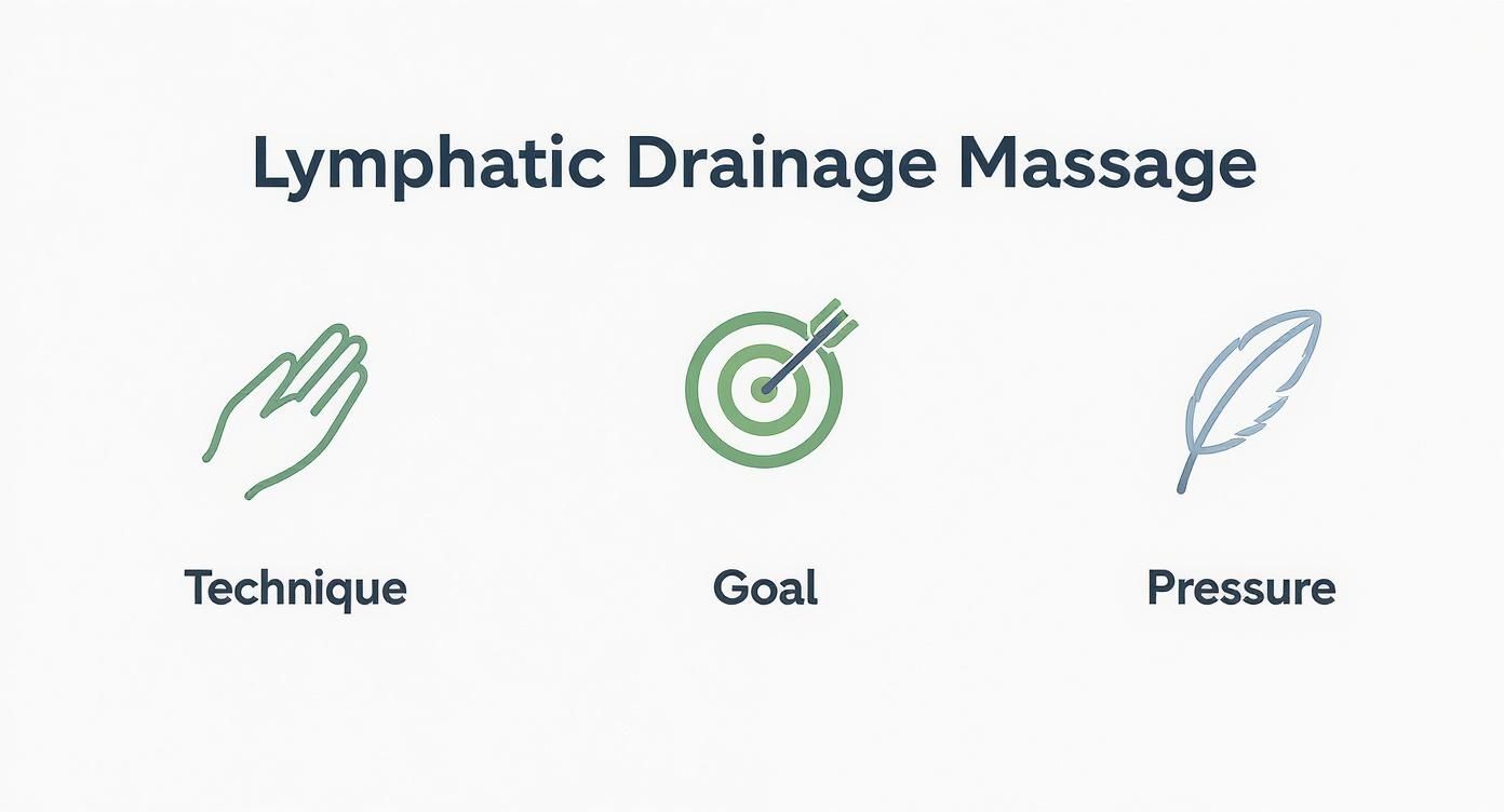 Lymphatic drainage massage infographic showing technique hand icon, goal target icon, and light pressure feather icon