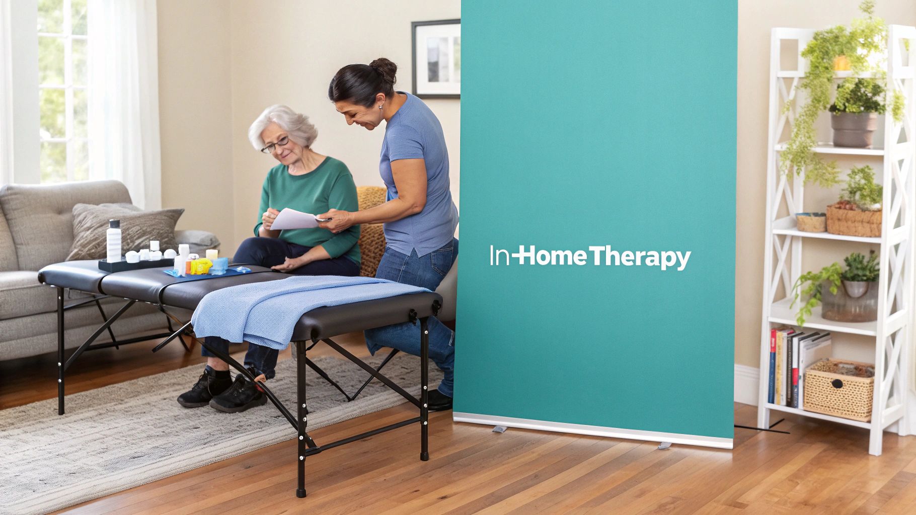 A therapist reviews documents with an elderly patient during an in-home therapy session in a living room.