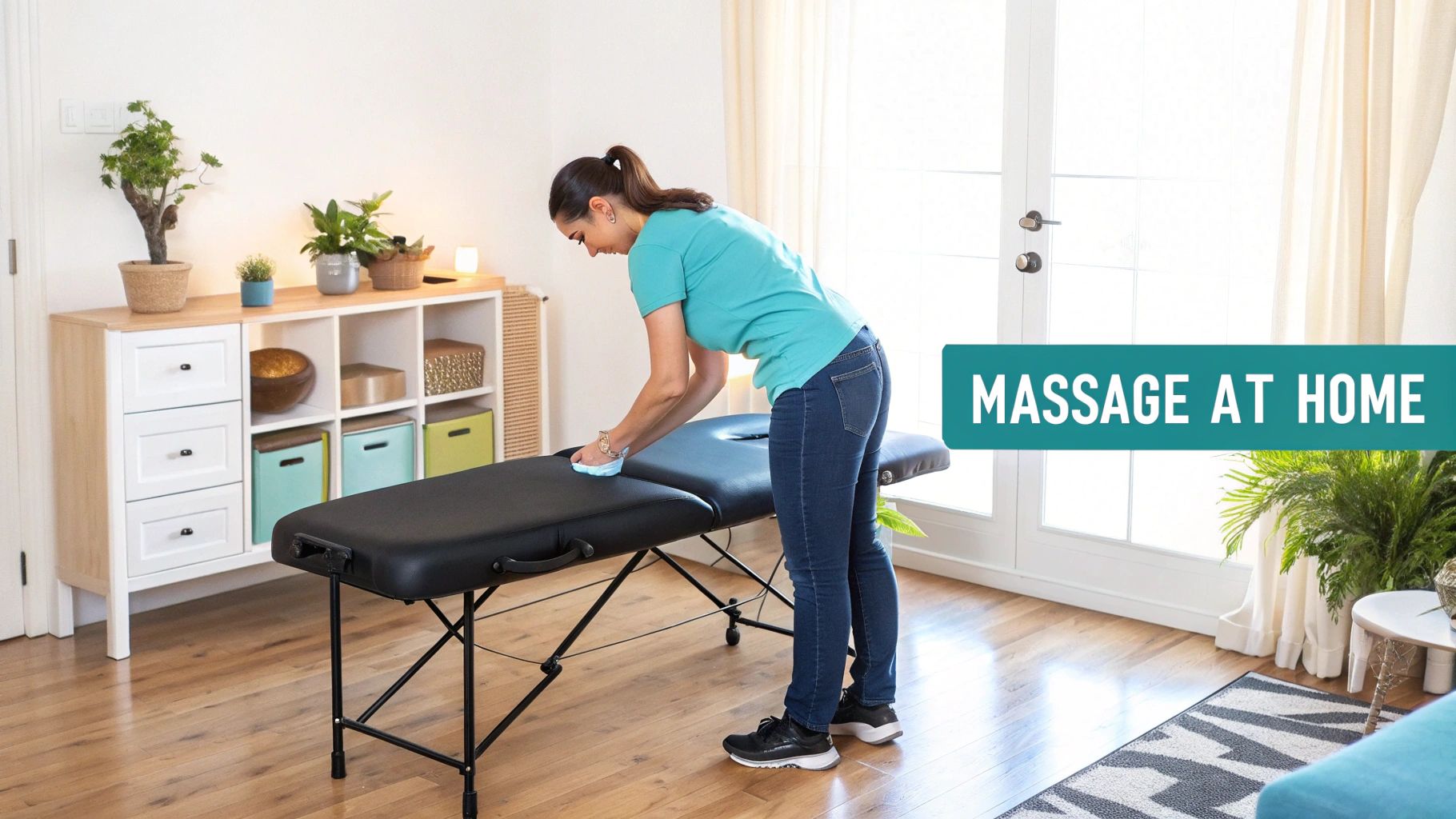 Male massage therapist in professional polo shirt setting up portable massage table in bright home living room, client fully draped in background