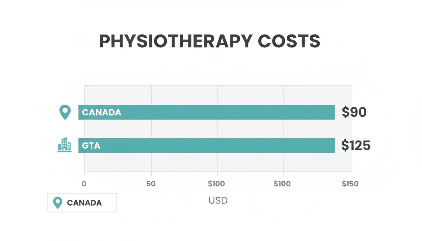 Horizontal bar chart showing physiotherapy costs in Canada and GTA, priced in US dollars.
