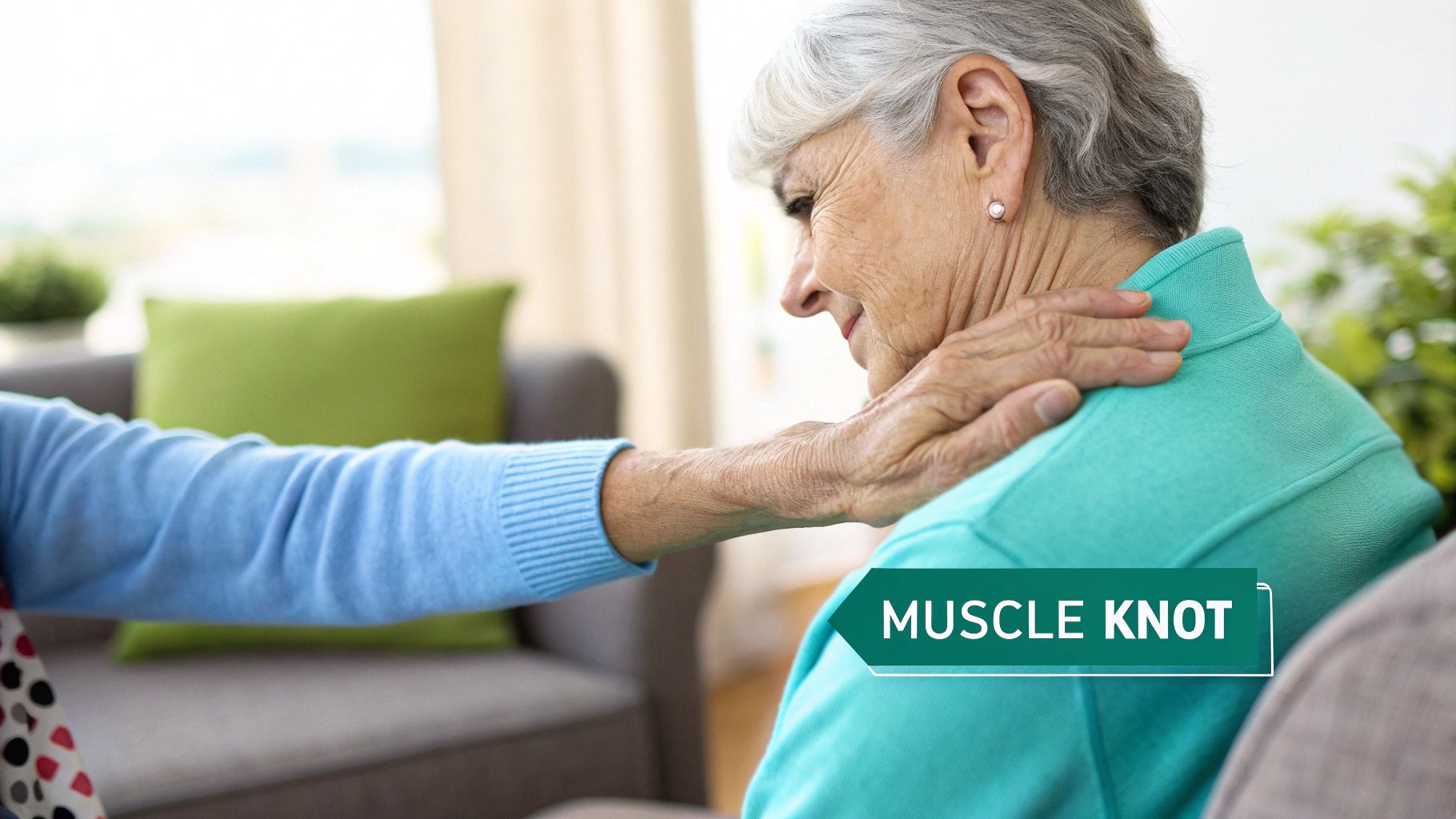 A professional male massage therapist in a polo shirt applying gentle massage to the neck of a fully draped client in a calm, therapeutic setting. The client is lying on a massage table, and the room is well-lit and professional.