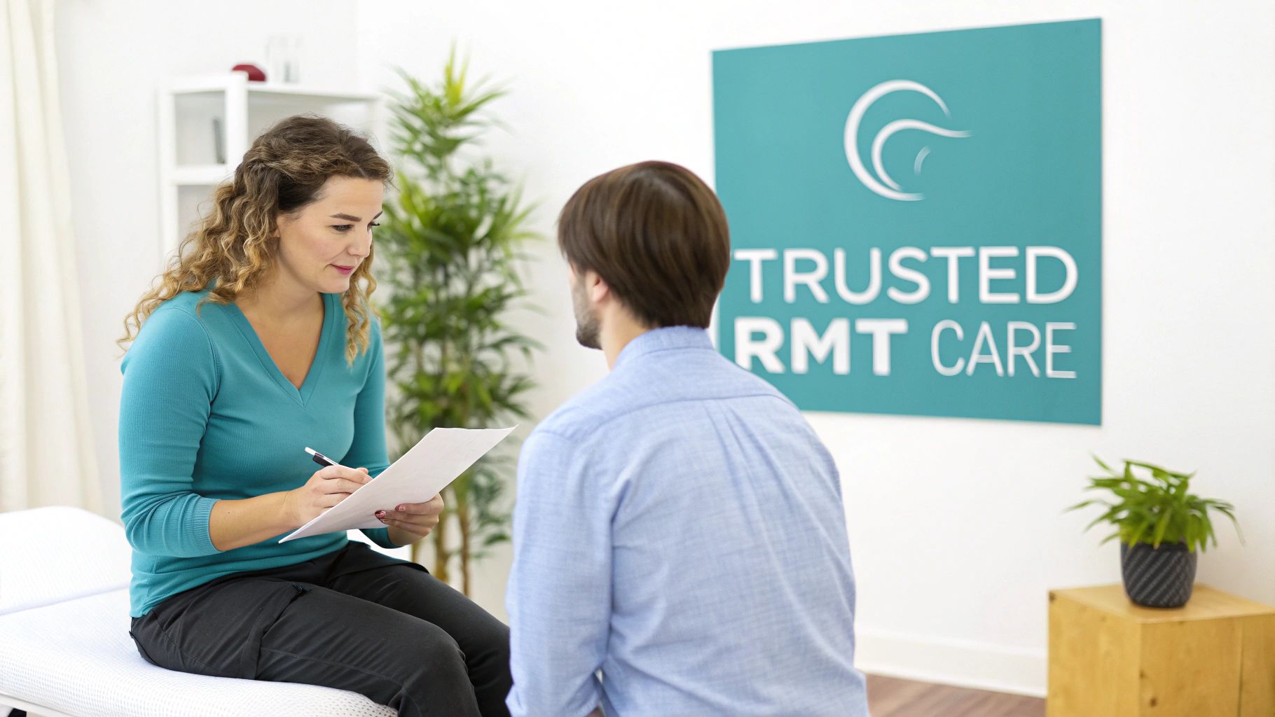 A female RMT therapist discusses with a male patient during a consultation, writing notes.