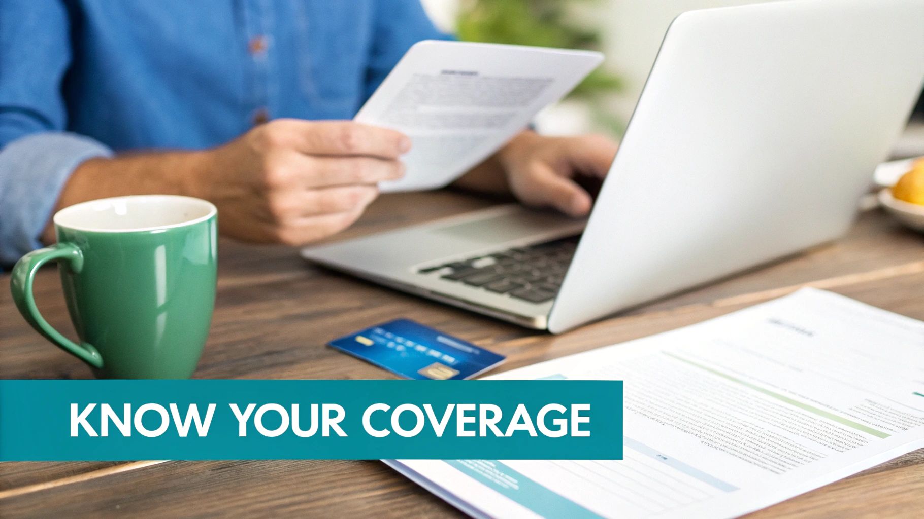 Hands reviewing paperwork and typing on a laptop, with a credit card and coffee mug, emphasizing 'Know Your Coverage'.