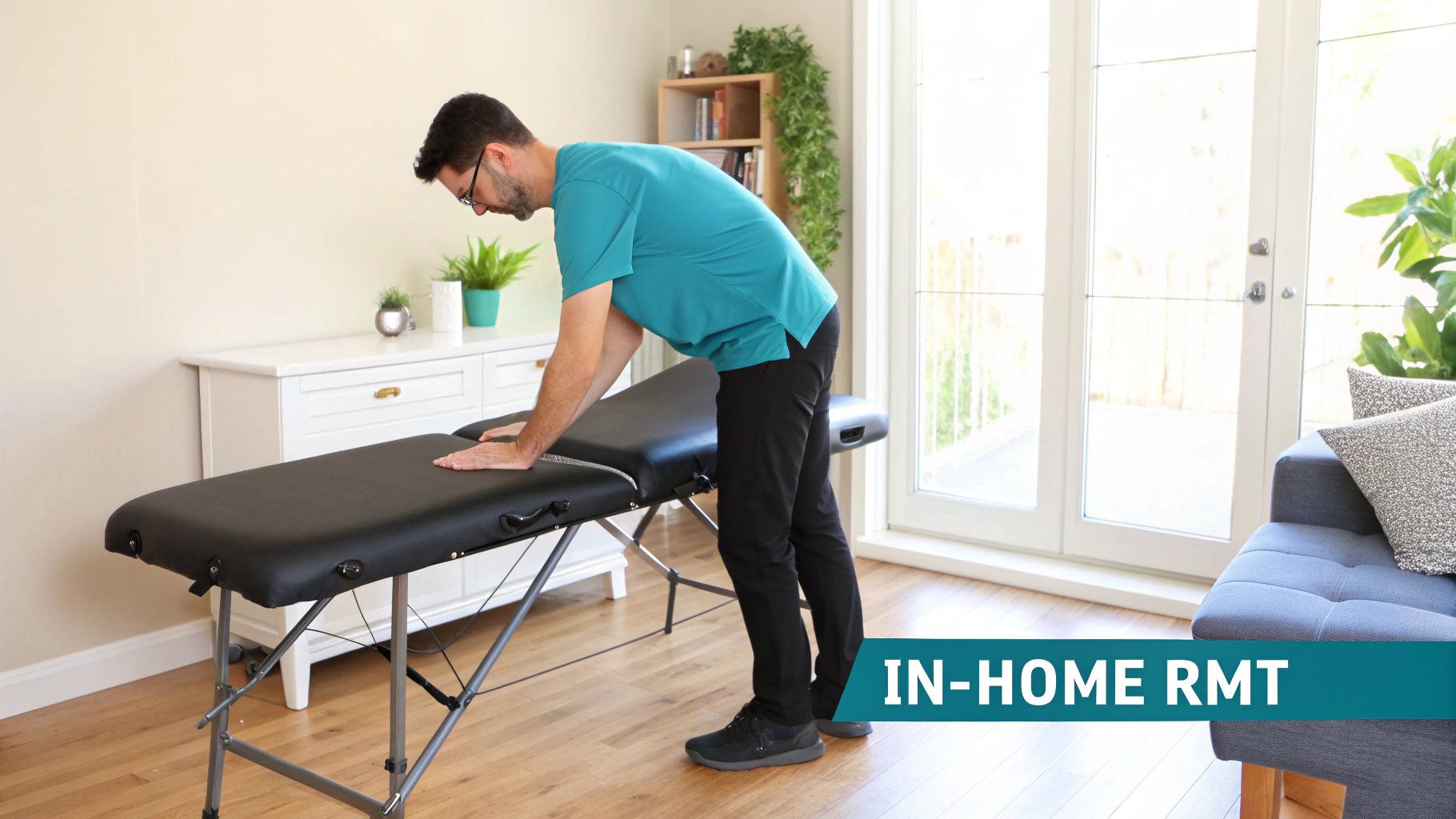 A man in a teal shirt leans on a portable black massage table in a home setting.