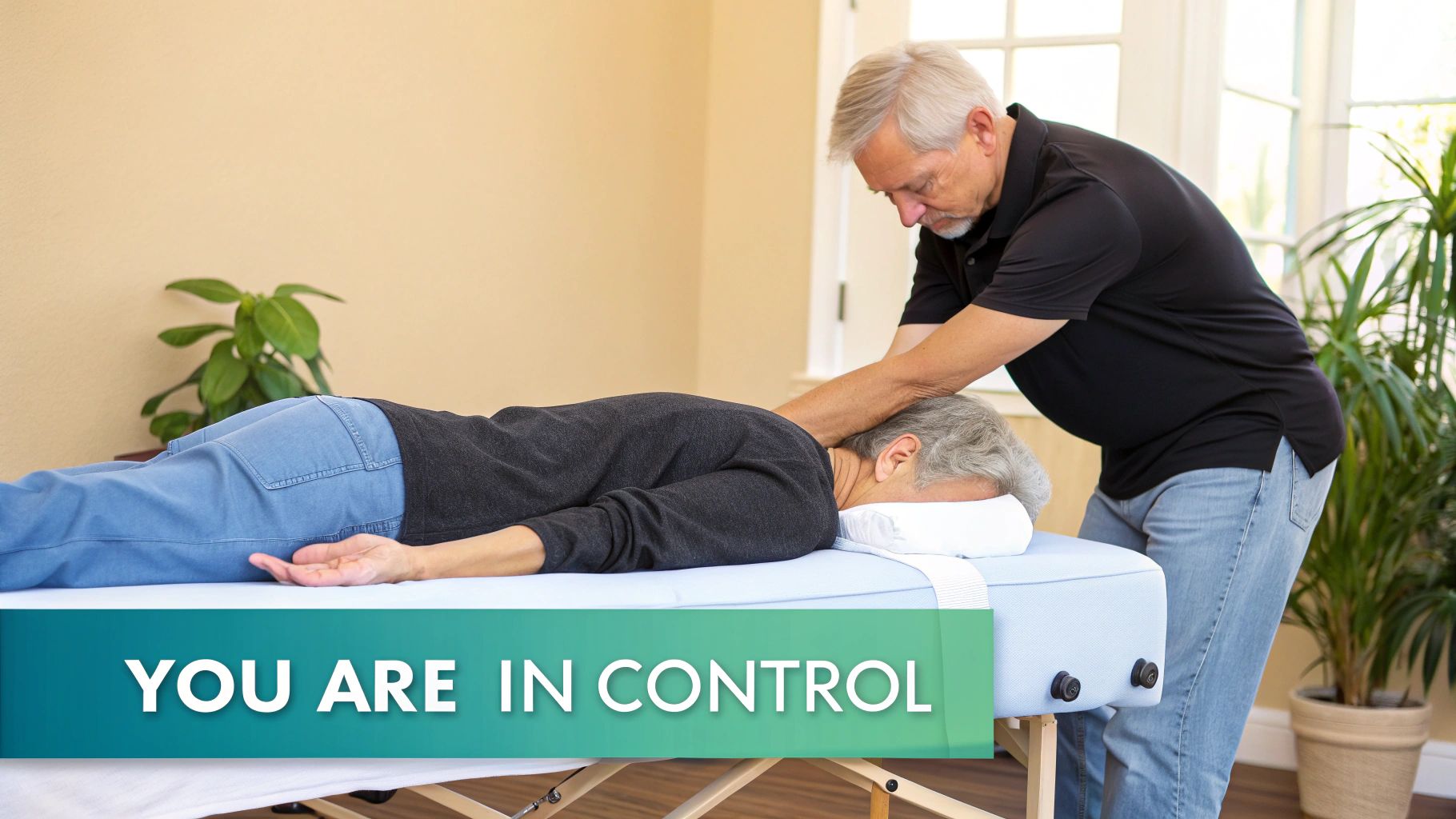 A male therapist provides a neck and shoulder massage to a client lying face down on a massage table. Text overlay: YOU ARE IN CONTROL.