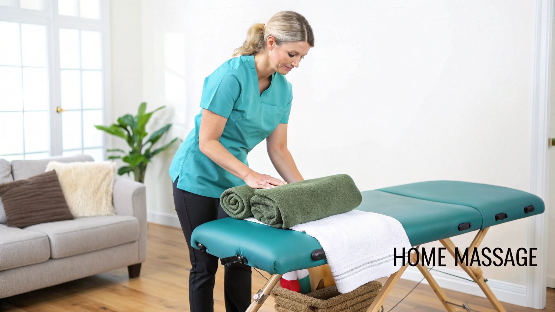 A therapist in teal scrubs sets up a portable massage table with towels in a home setting.