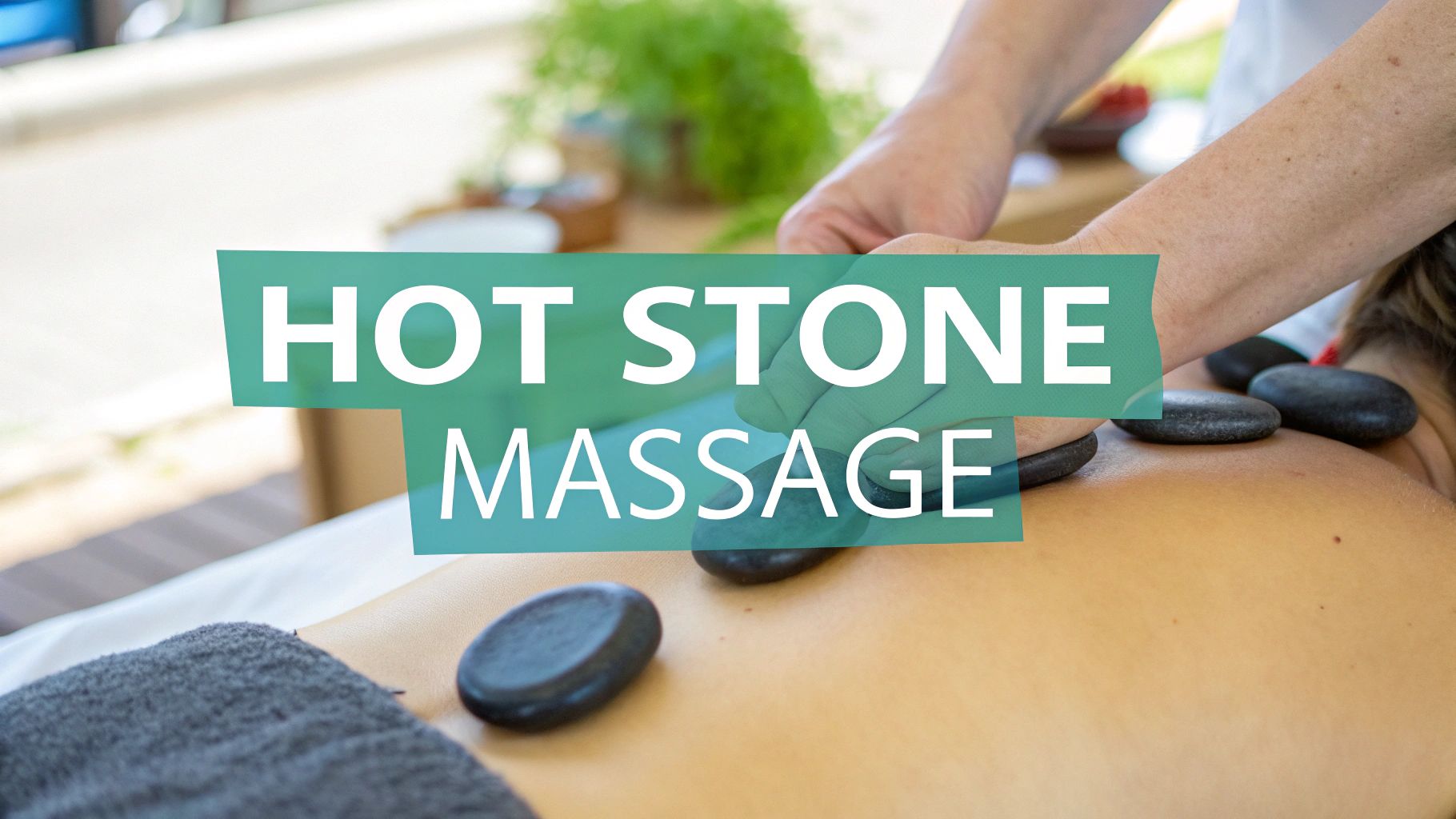 A person receiving a hot stone massage, with therapist's hands placing warm stones on their back.