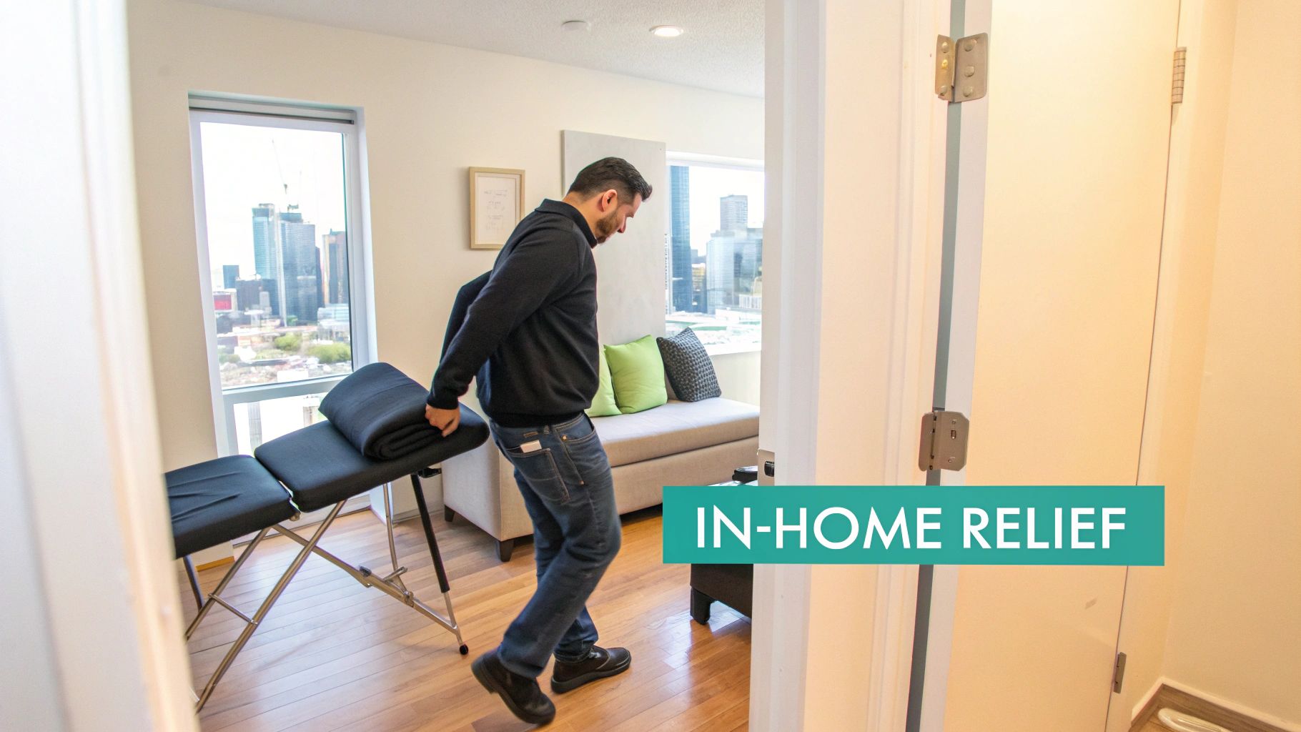 A male massage therapist in a professional polo shirt providing a therapeutic shoulder massage to a fully draped client in a comfortable home setting.