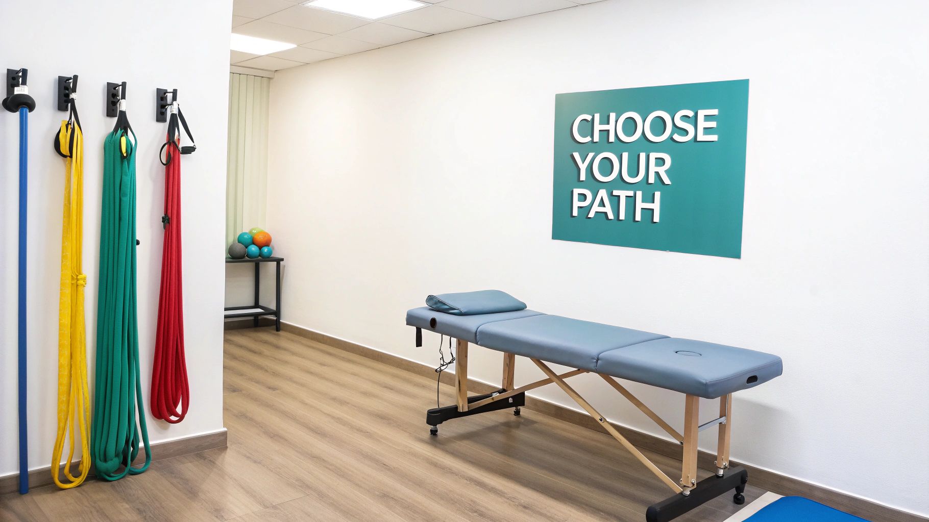 Bright physiotherapy room with an examination table, colorful resistance bands, and a &#39;CHOOSE YOUR PATH&#39; sign.