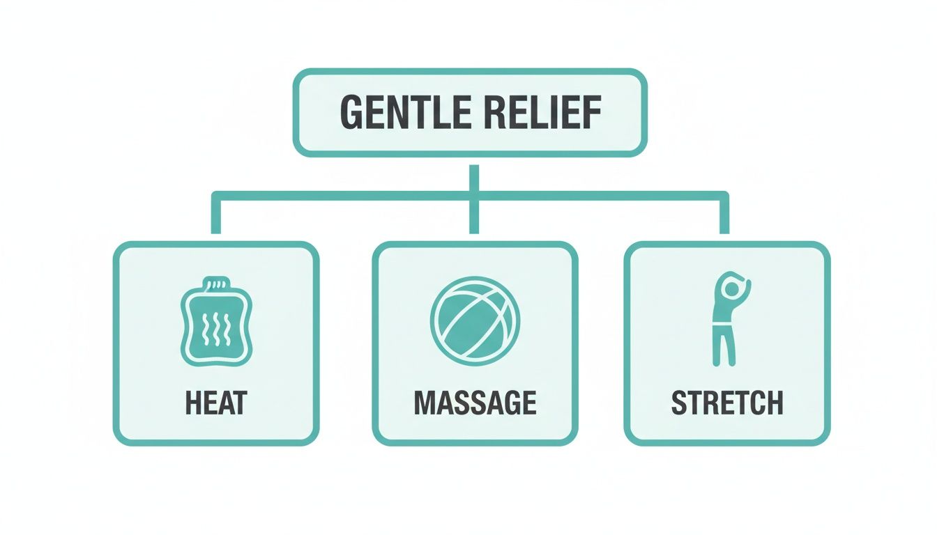 A flowchart showing a person performing gentle stretches, applying a heat pack, and using a massage ball, illustrating safe at-home care for neck pain relief in a family-friendly, professional manner.
