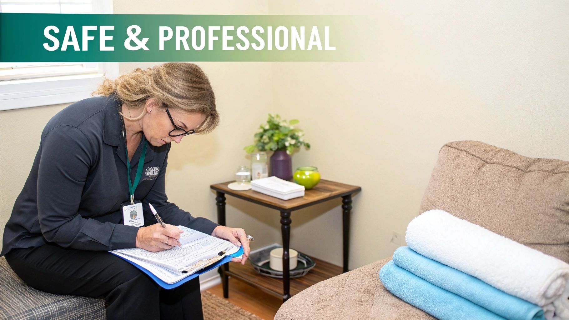A massage therapist professionally adjusting a client's draped linen to ensure comfort and privacy before starting a back massage.