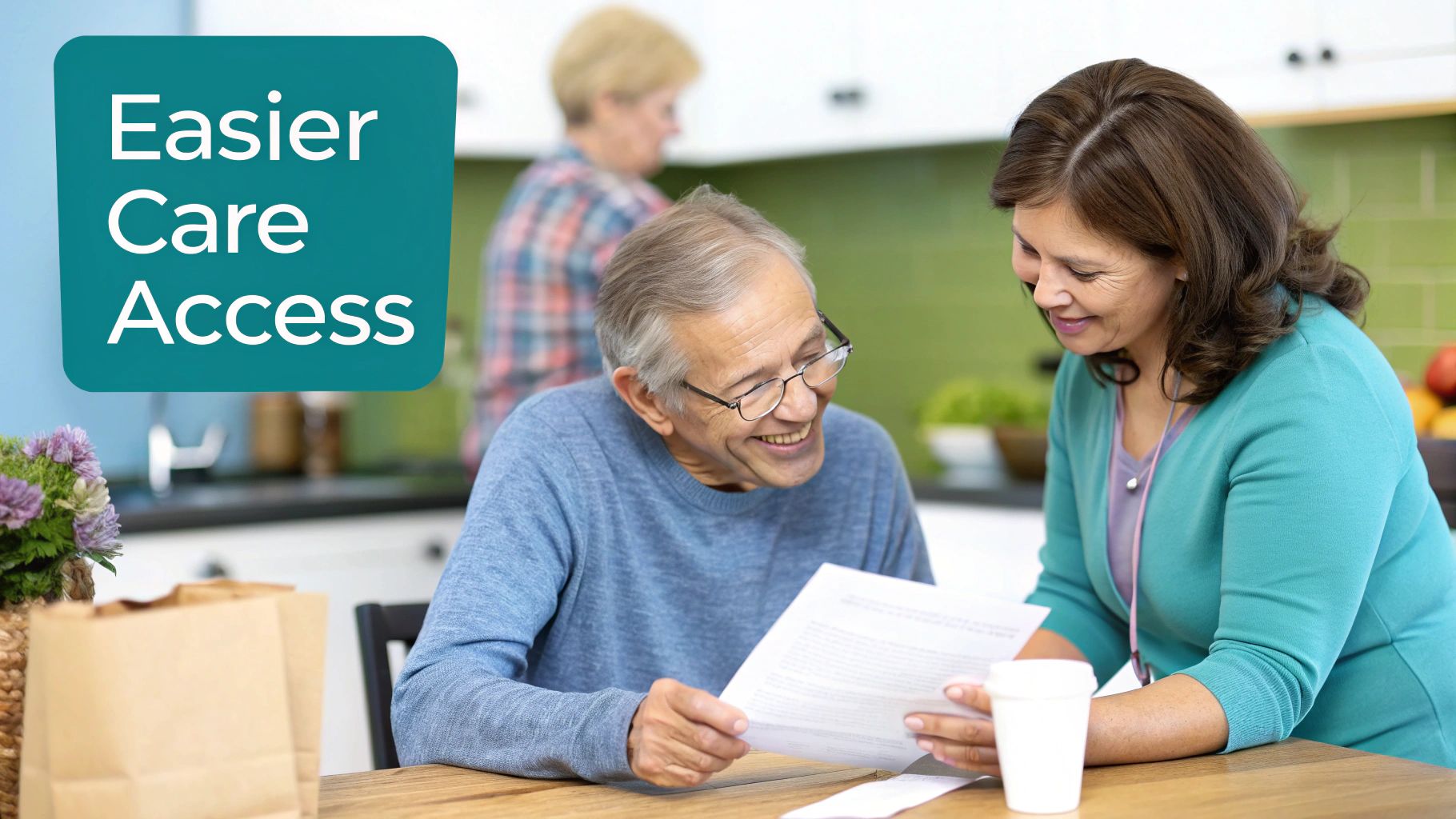 An elderly man and a woman smiling while reviewing documents together, symbolizing easier care access.