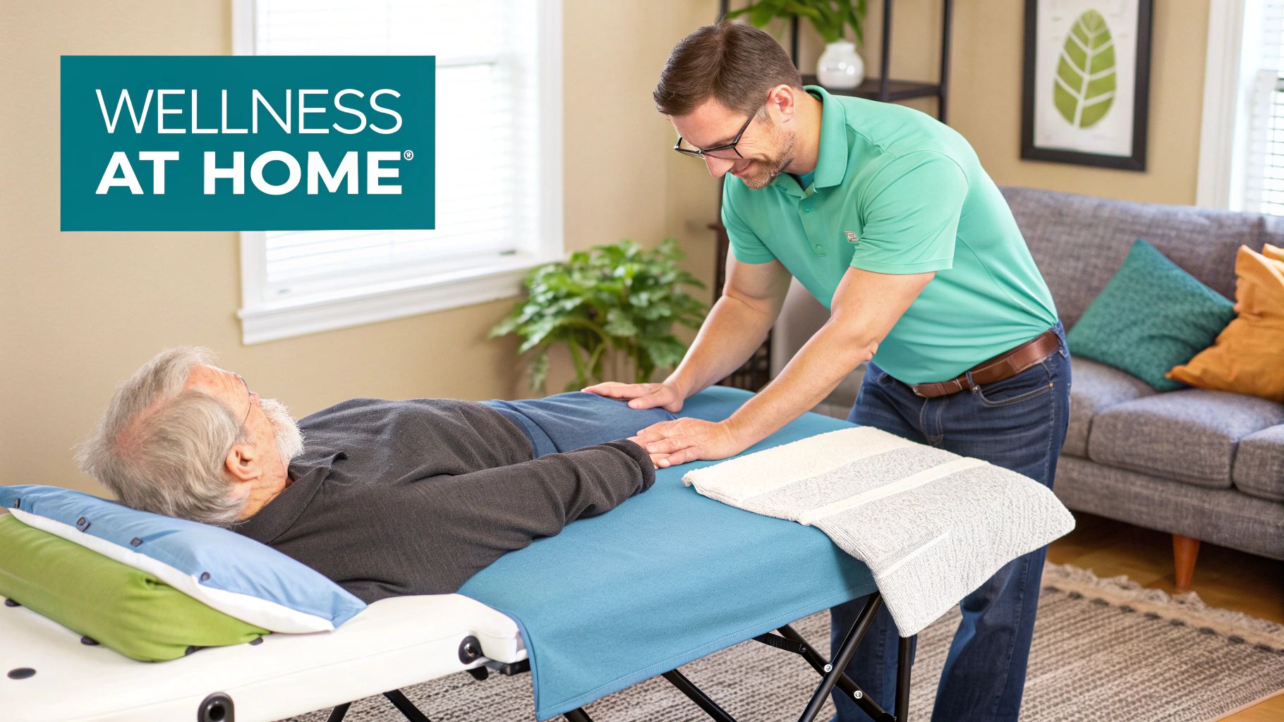 A male massage therapist wearing a professional polo shirt provides a therapeutic massage on the shoulders of a fully draped older client in a comfortable home setting.