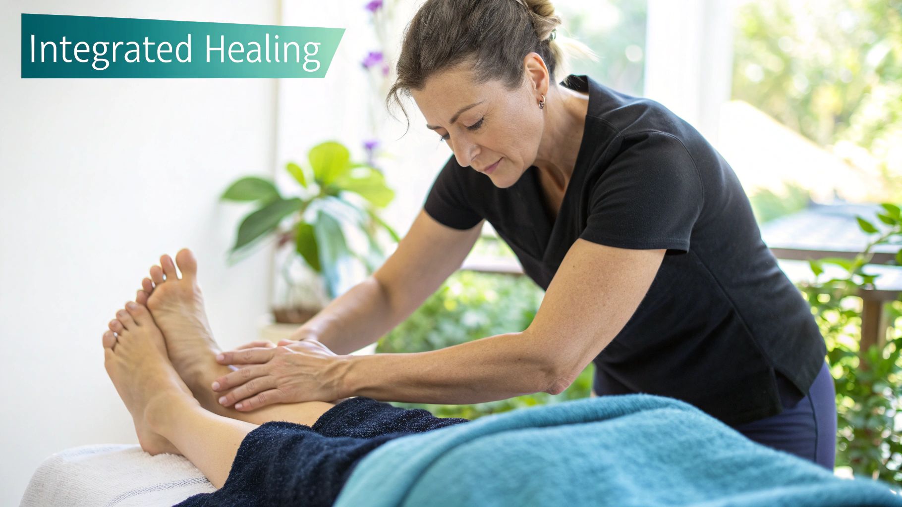 A massage therapist gently works on a client's foot, demonstrating a combination of reflexology and massage techniques in a calm, professional setting.