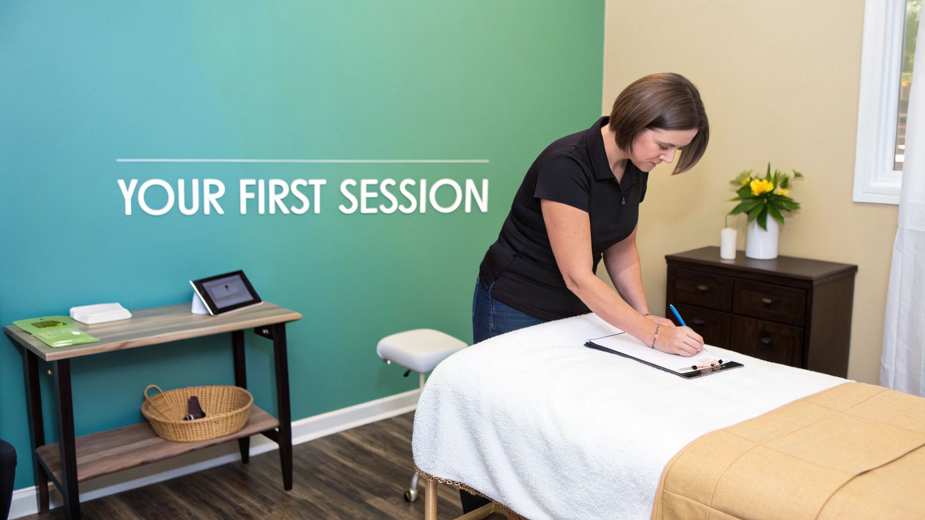 A massage therapist fills out paperwork next to a massage table in a treatment room.