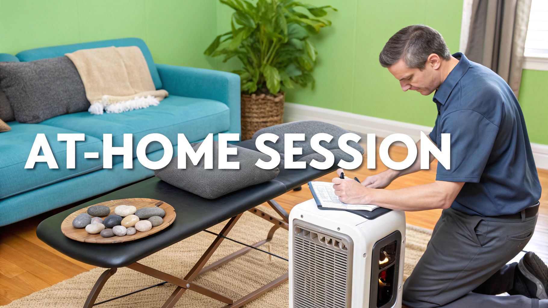 A man completing paperwork next to a massage table with warm stones during an at-home session.