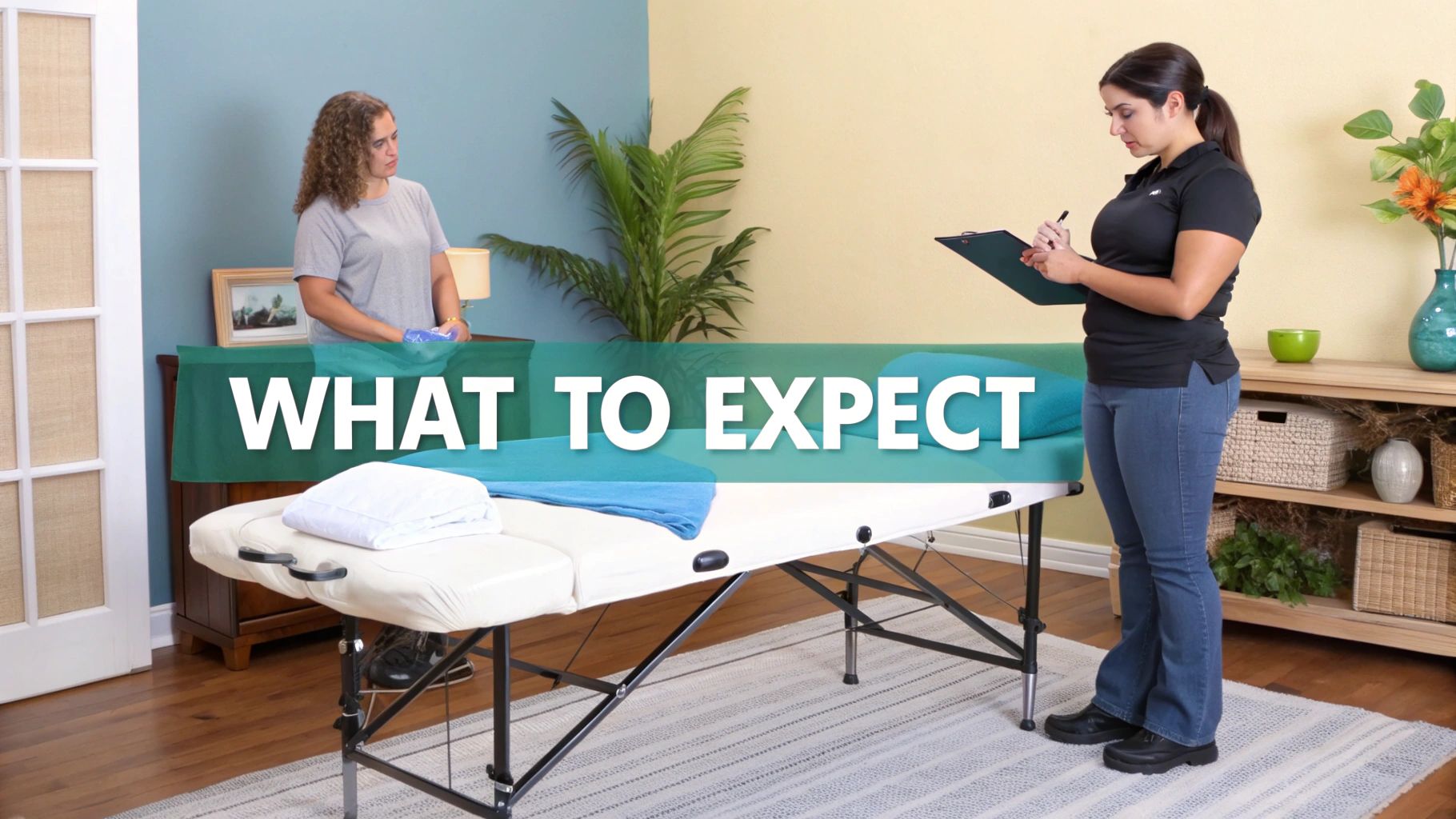 Male massage therapist in a polo shirt setting up a professional massage table in a client's home.