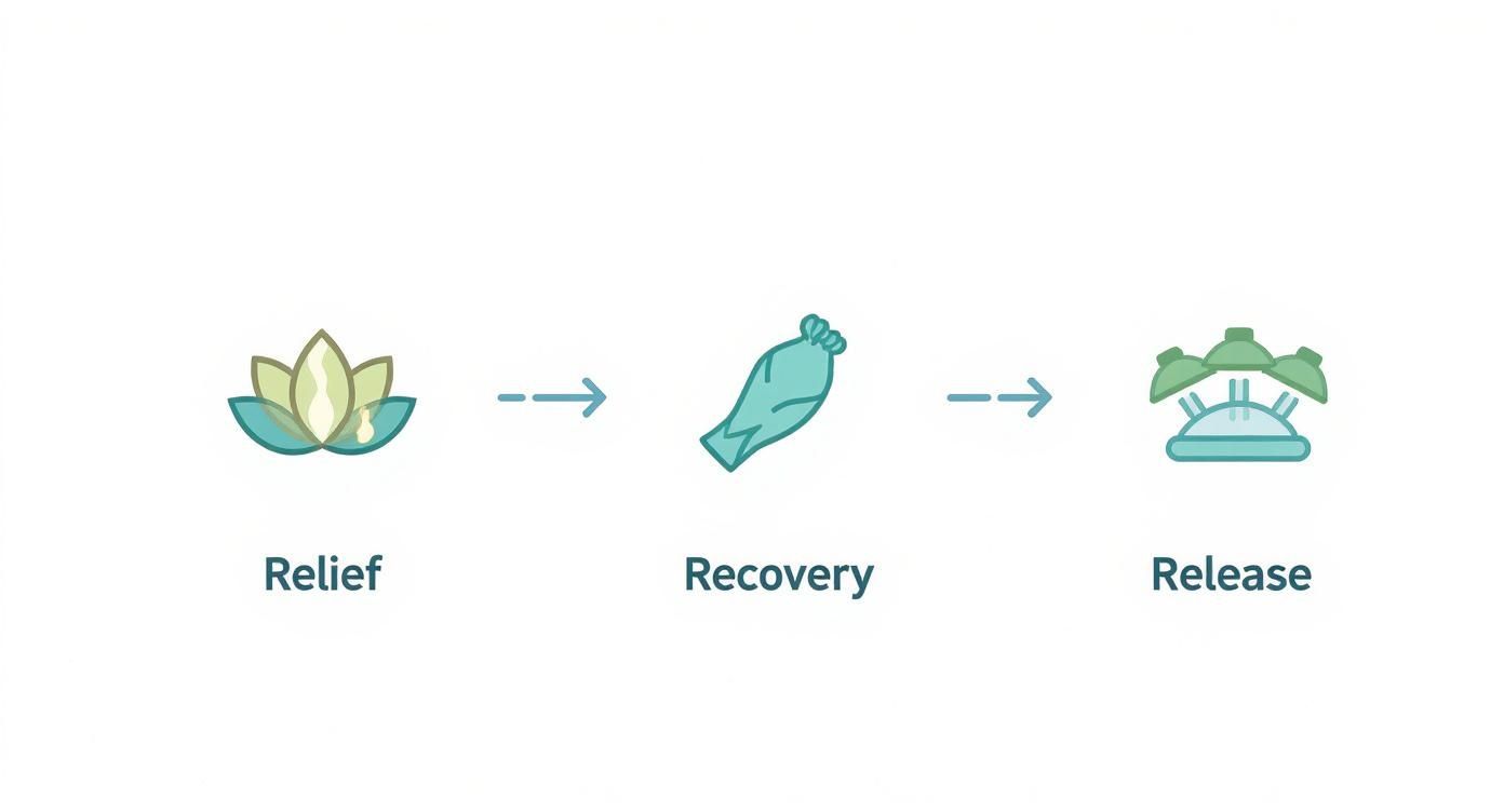 Infographic showing the therapeutic massage process with icons for Relief, Recovery, and Release.