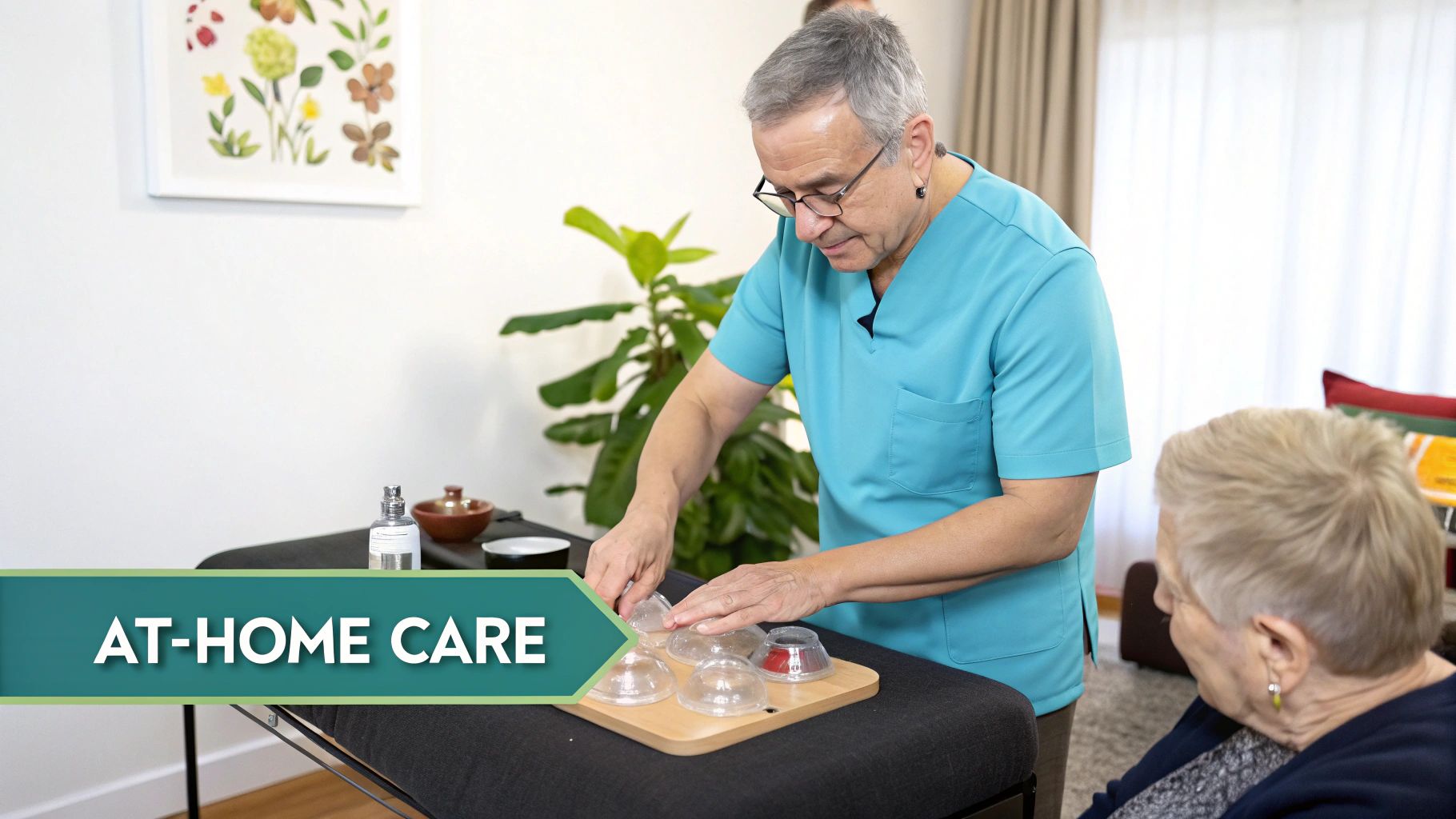 A male therapist prepares cupping therapy tools on a table for an elderly female patient at home.