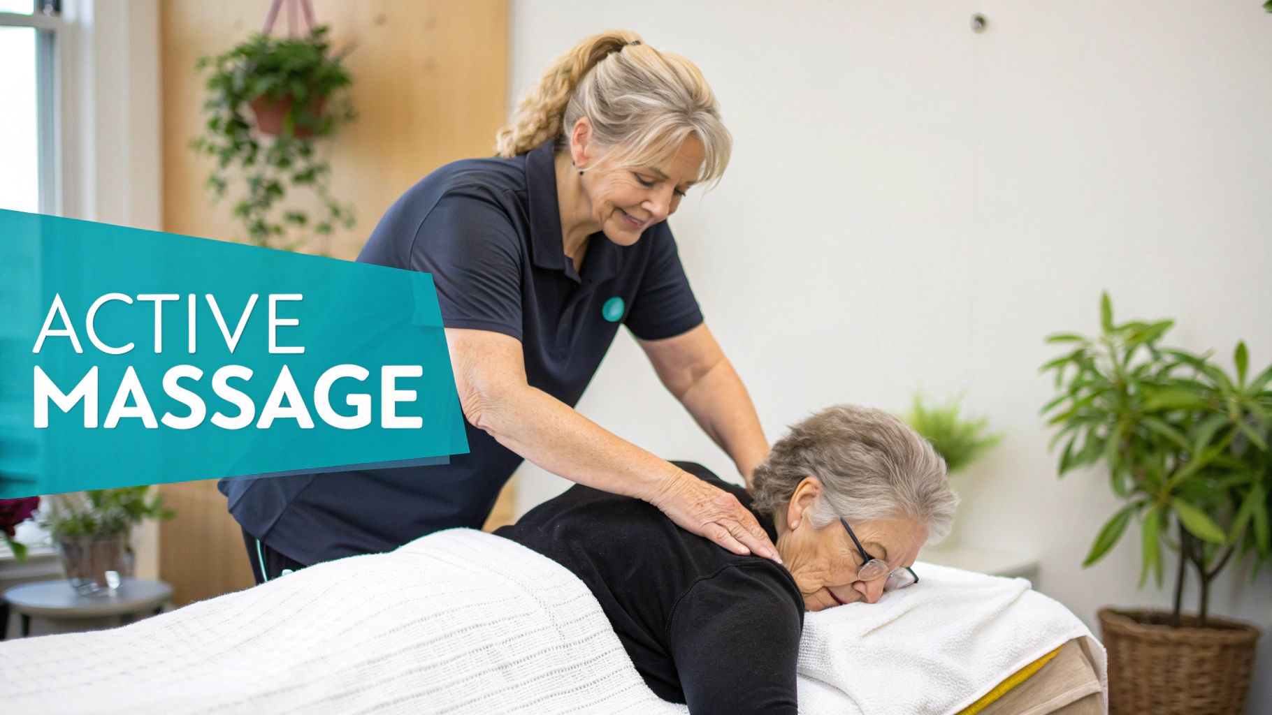 A female therapist performs an active massage on an elderly woman's shoulders on a massage table.