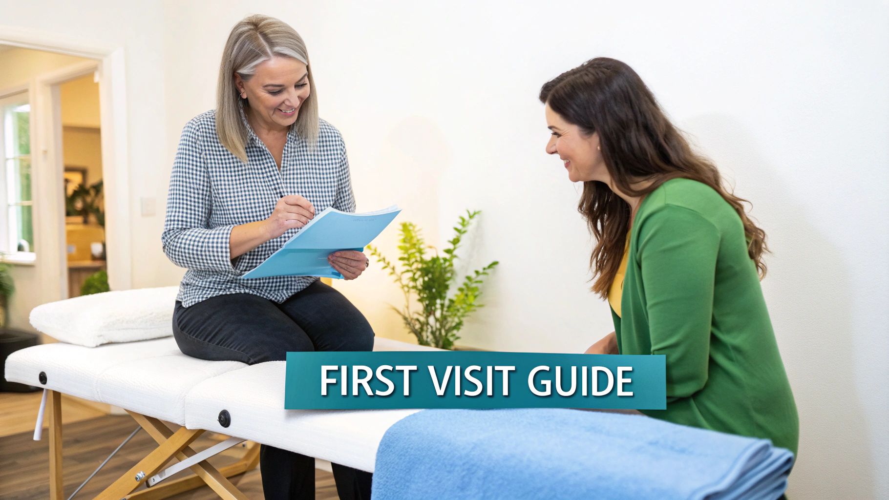 A massage therapist and client having a professional consultation in a calm, therapeutic setting.