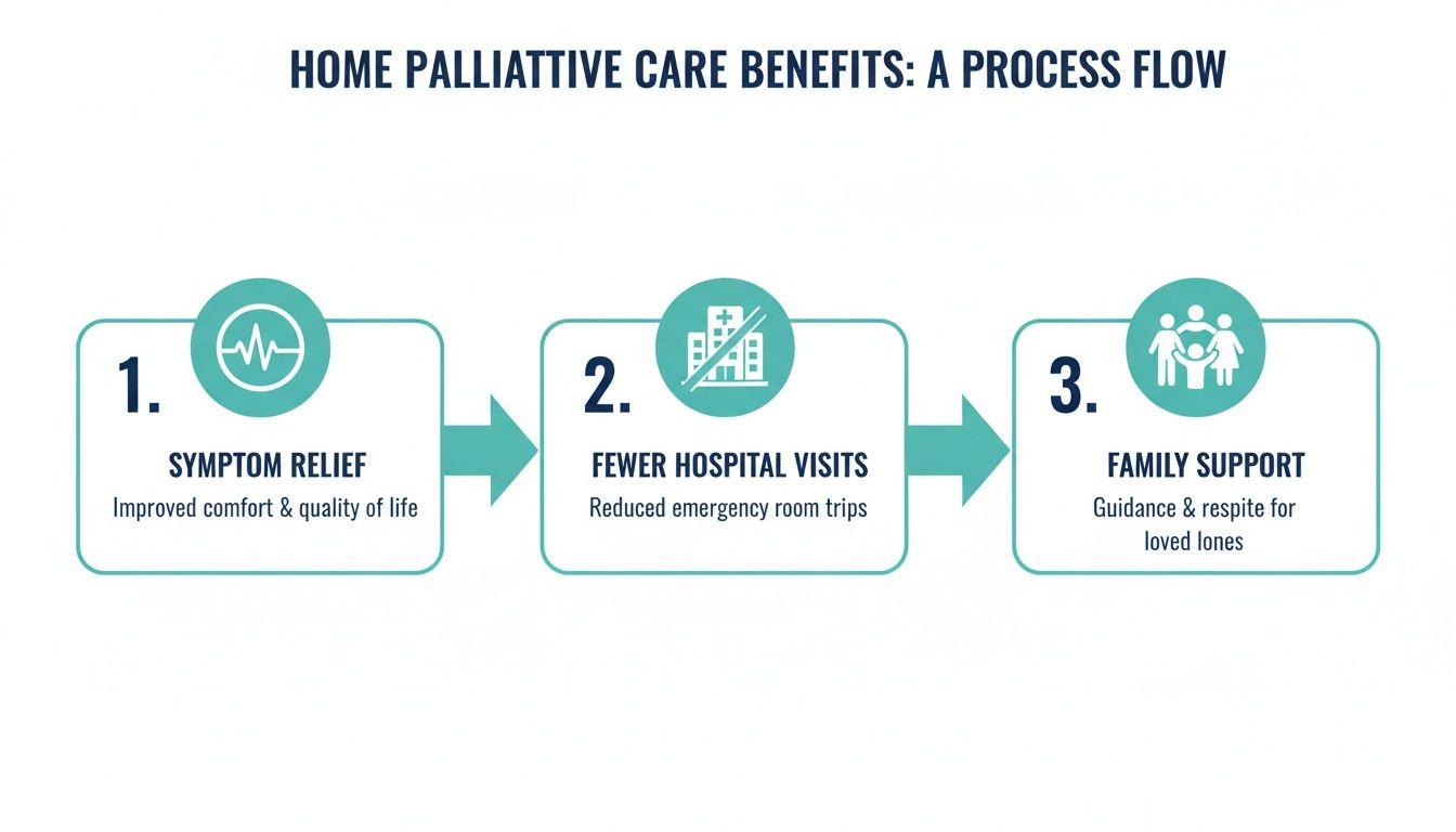 Process flow diagram showing three benefits of home palliative care: symptom relief, fewer hospital visits, and family support.