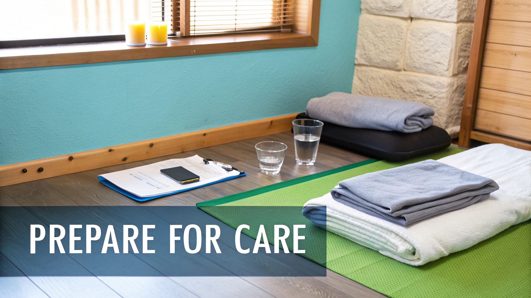 A serene room setup for a massage or spa treatment with towels, water, and documents on the floor.