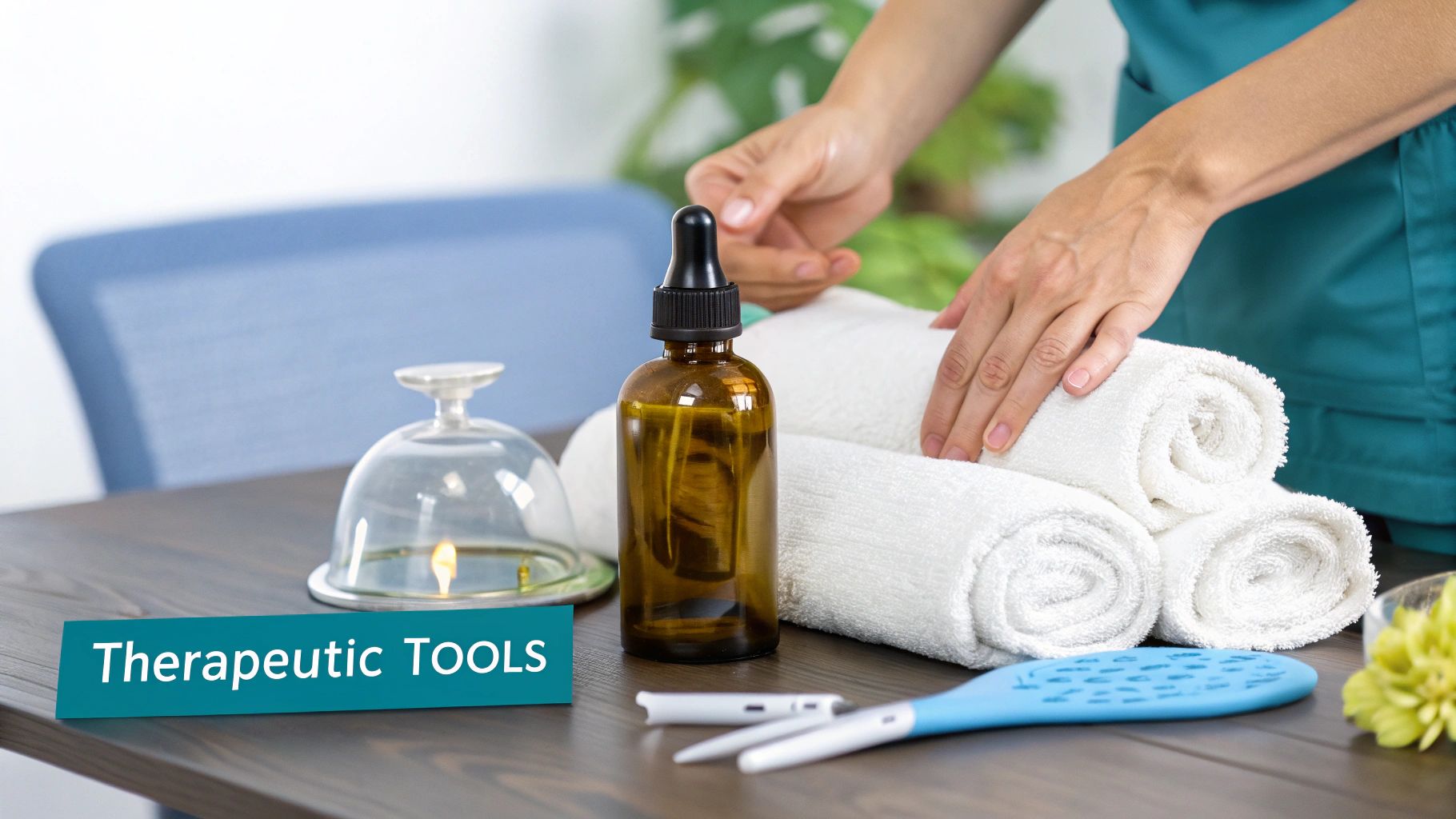A registered massage therapist applying cupping therapy to a client's back in a clean, professional clinic setting.