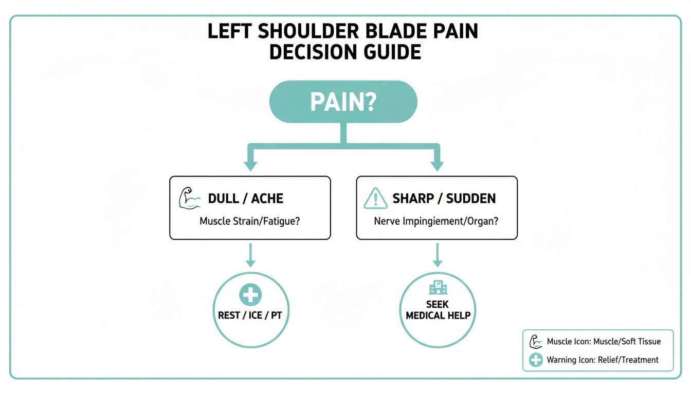 Decision guide for left shoulder blade pain, outlining actions based on dull/ache or sharp/sudden pain.