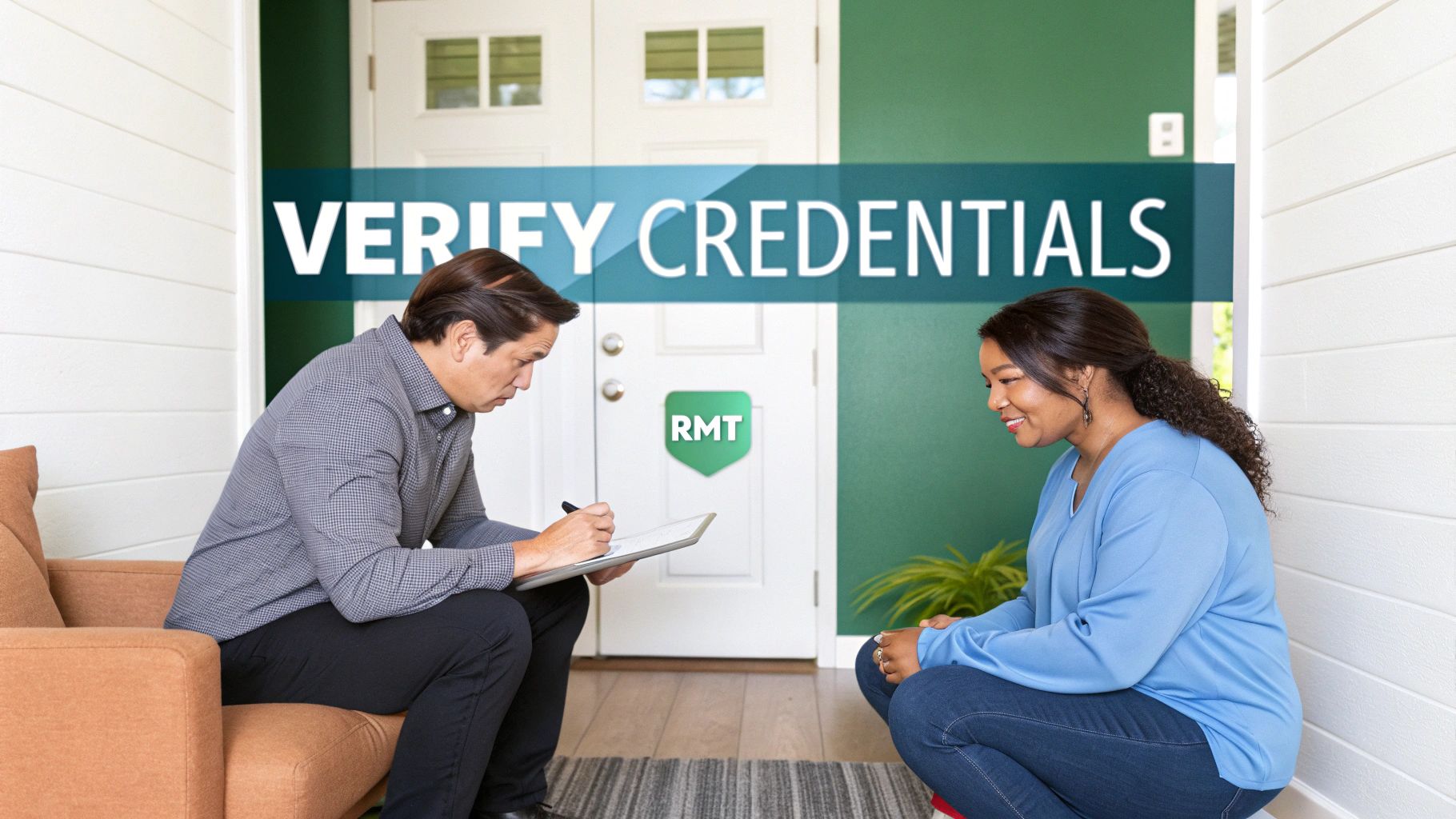Client in professional attire verifying RMT credentials on a tablet during an in-home consultation, with the male therapist in a polo shirt waiting professionally