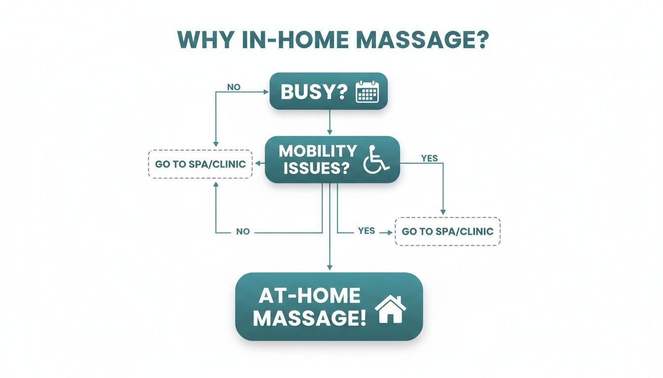 Infographic explaining why in-home massage is ideal for busy people or those with mobility issues.