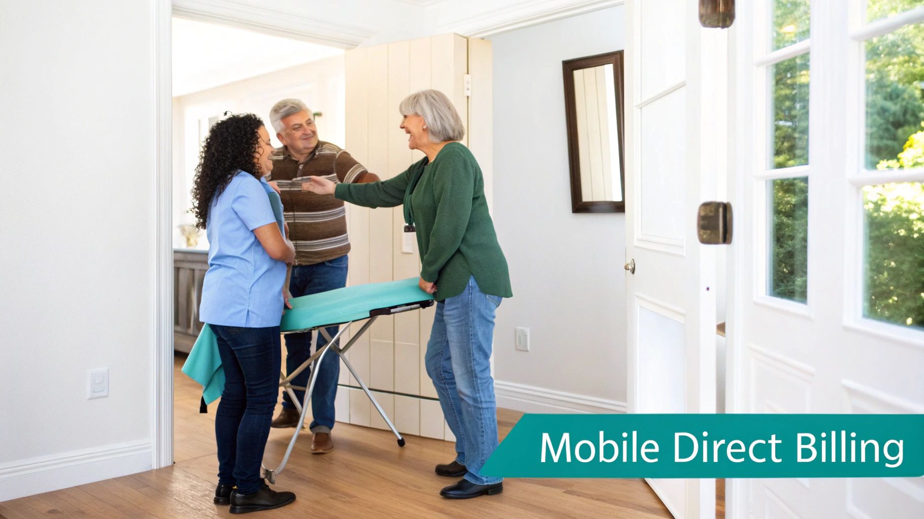 A professional and friendly male RMT sets up his portable massage table in the bright living room of a senior's home. The elderly client is smiling and seated comfortably nearby.