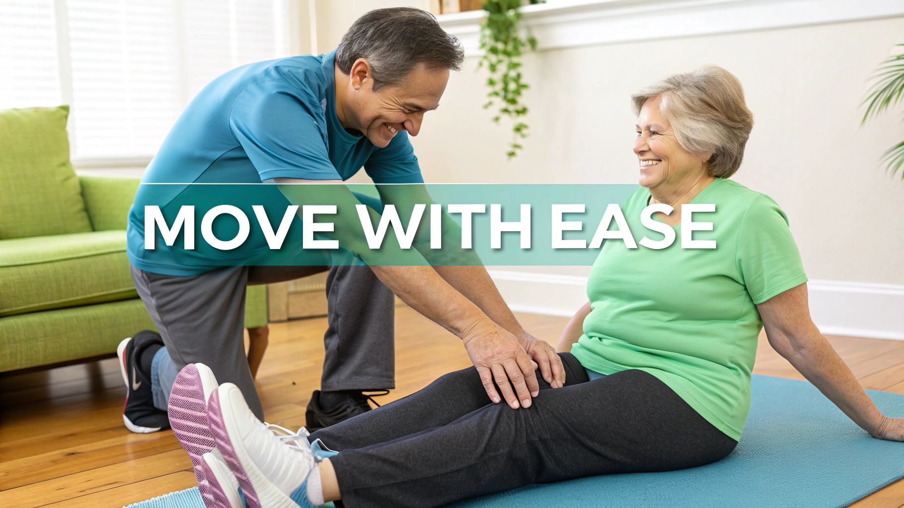 Physical therapist helping senior woman with leg stretching exercise on yoga mat at home