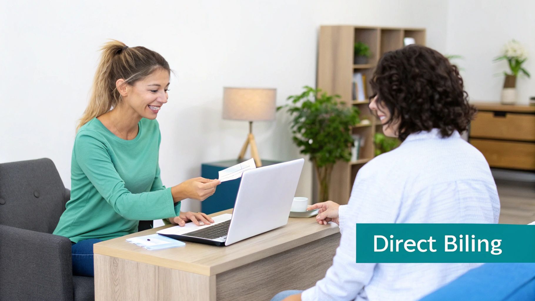 Smiling woman hands a document to another person at a desk with a laptop, showing direct billing.