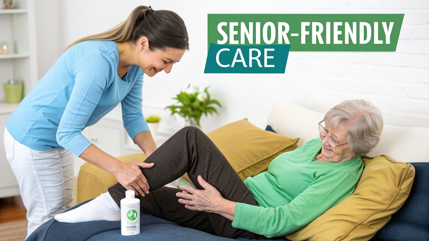A smiling caregiver provides a leg massage to a relaxed elderly woman on a comfortable couch.