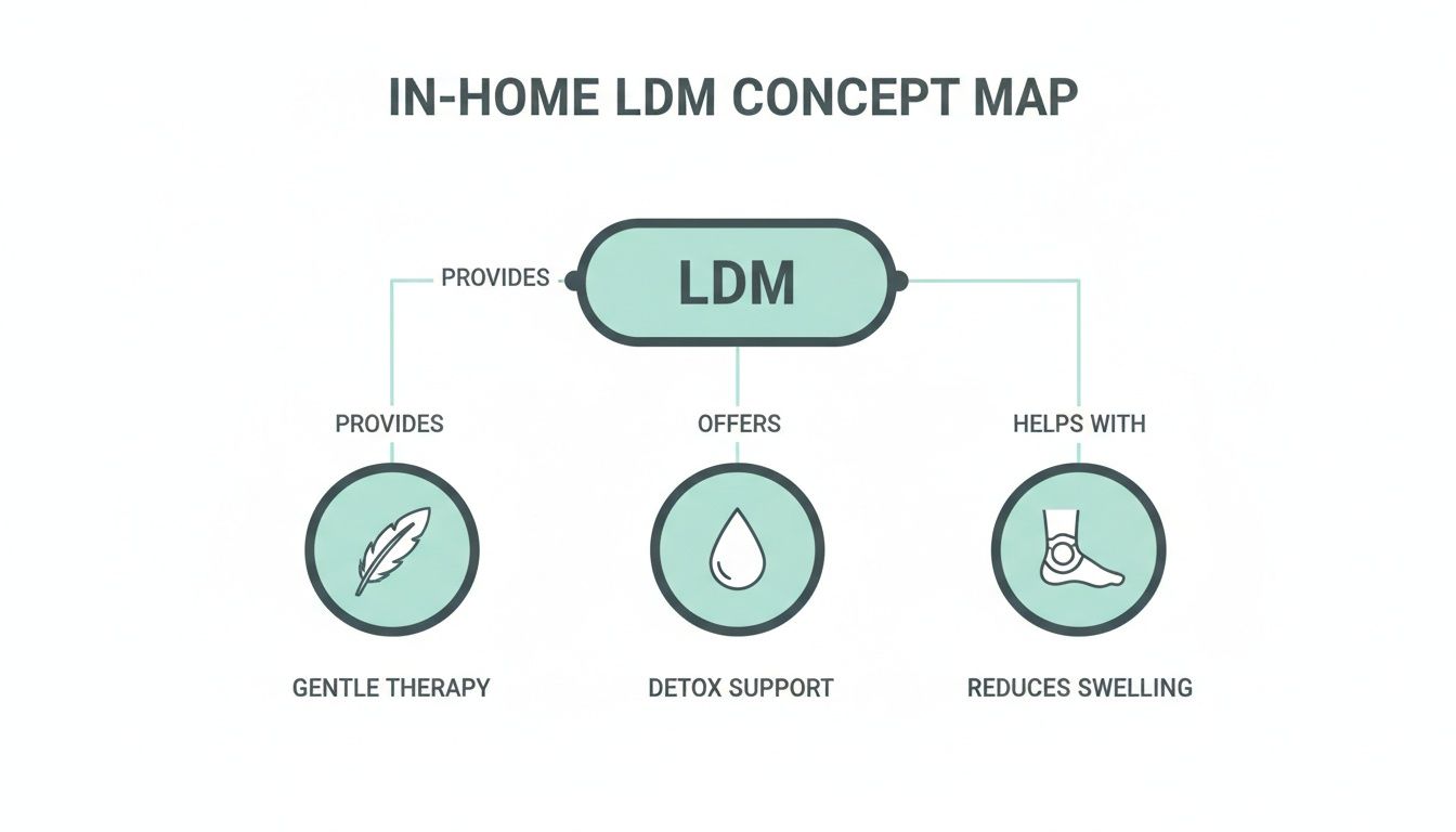 A concept map showing the benefits of In-Home LDM: gentle therapy, detox support, and reduced swelling.