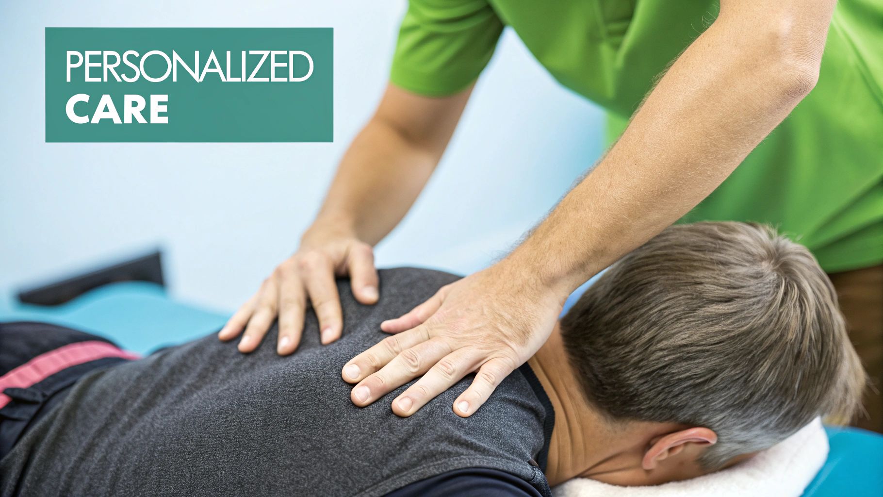 A massage therapist applies gentle pressure to a client&#39;s shoulder, demonstrating a specific technique in a professional setting.