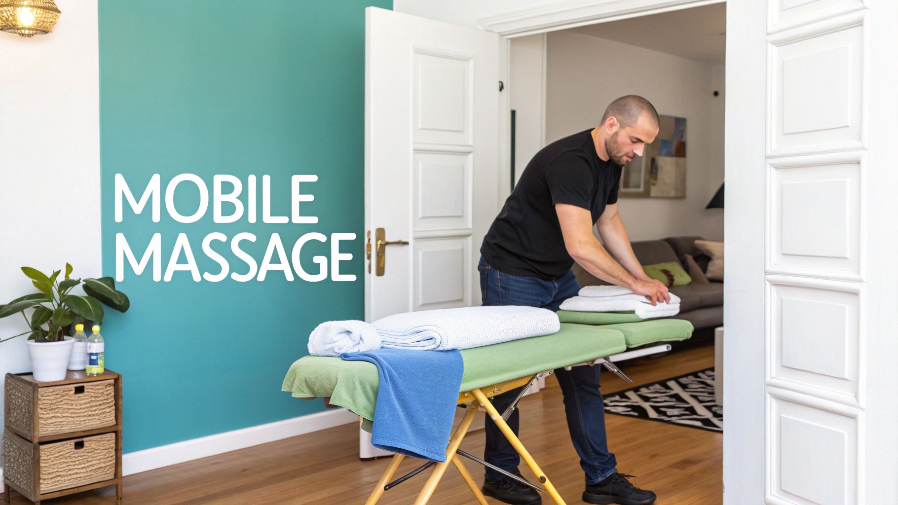 A male registered massage therapist sets up a professional massage table in a client's living room.