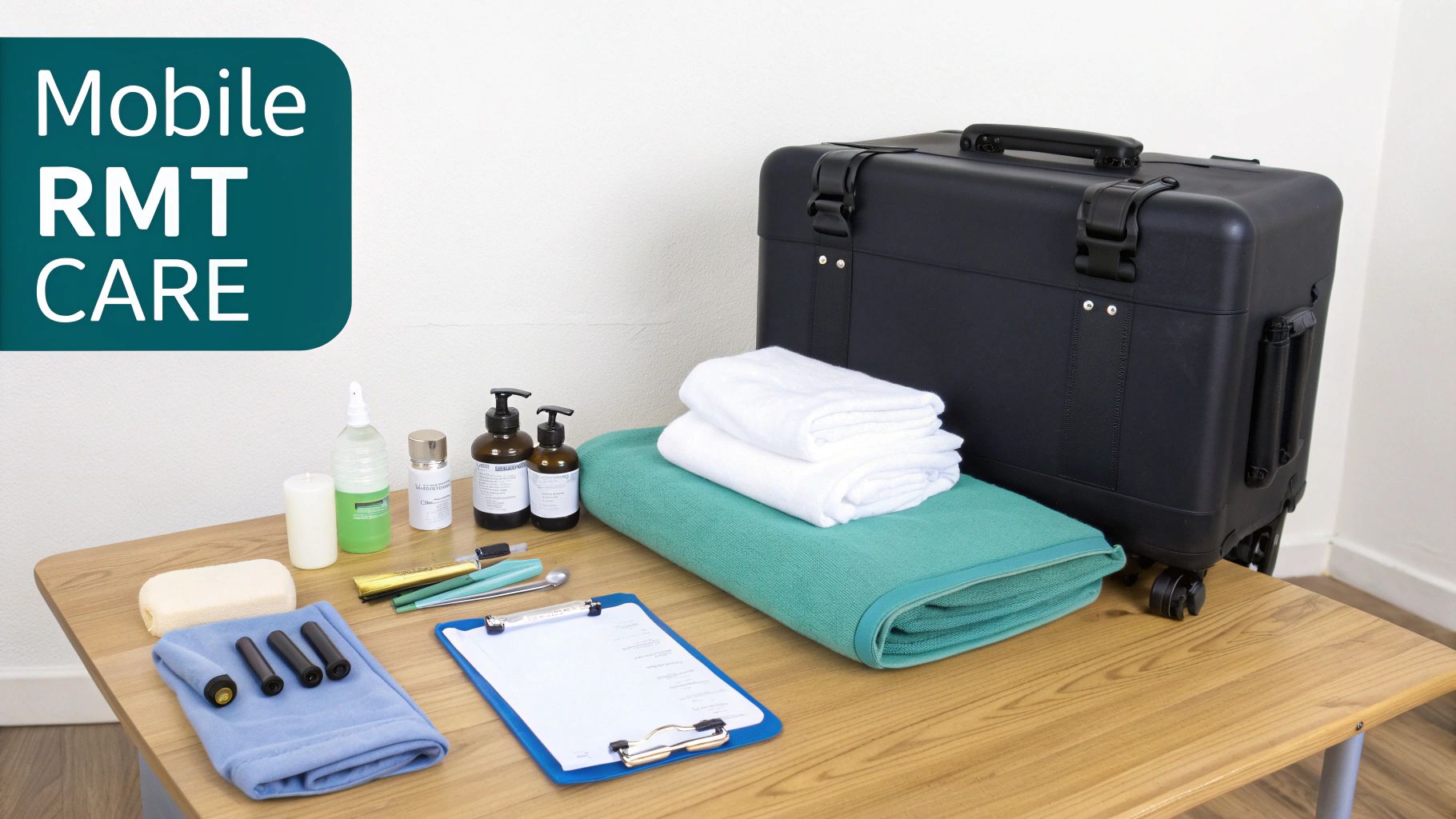 A professional setup for mobile registered massage therapy with case, clean towels, lotions, and tools.