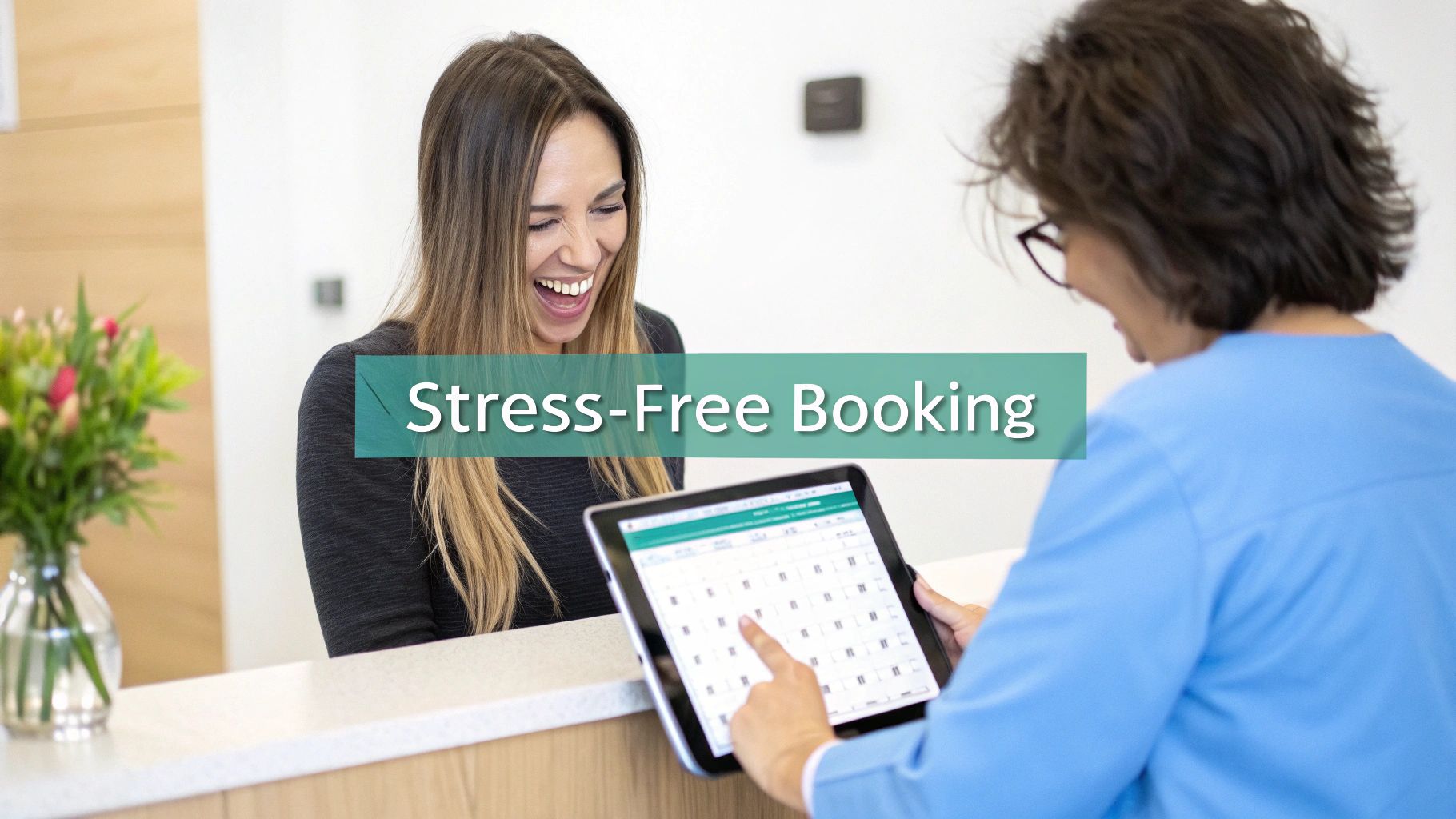 A smiling woman and a staff member booking an appointment on a tablet, emphasizing stress-free scheduling.