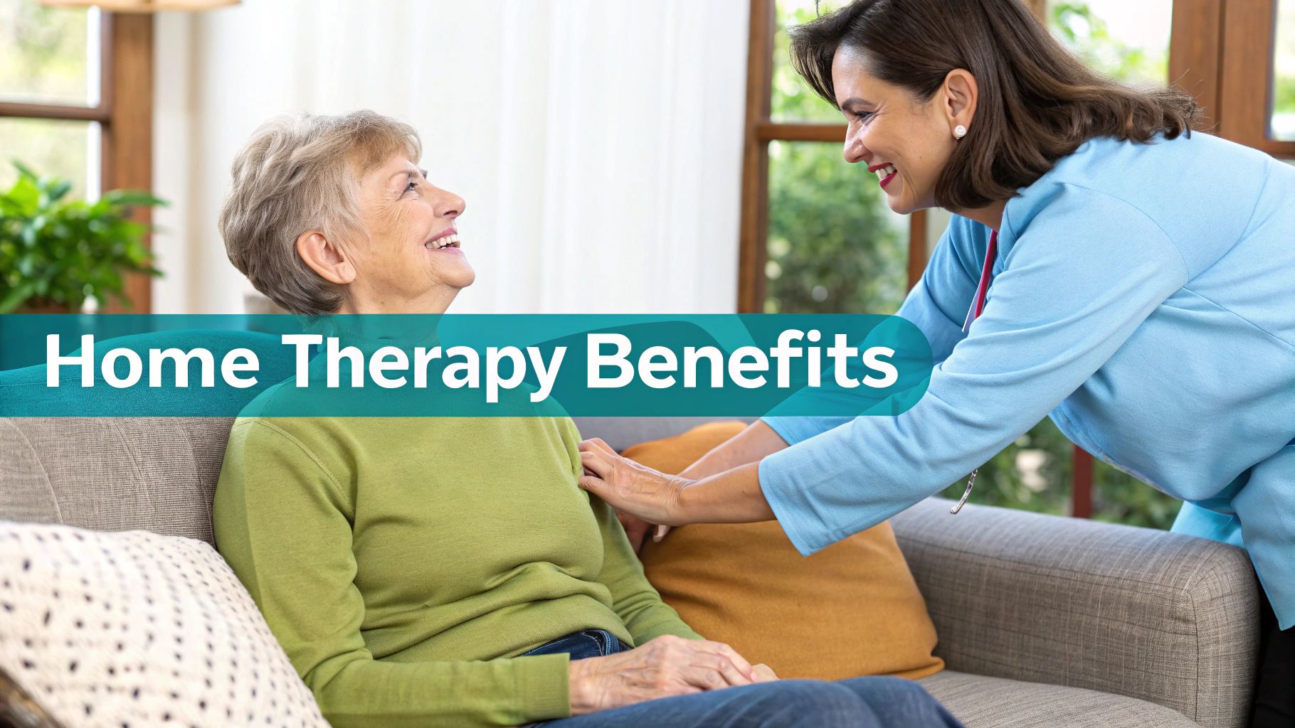 An elderly woman smiles on a couch while a female therapist provides home therapy.